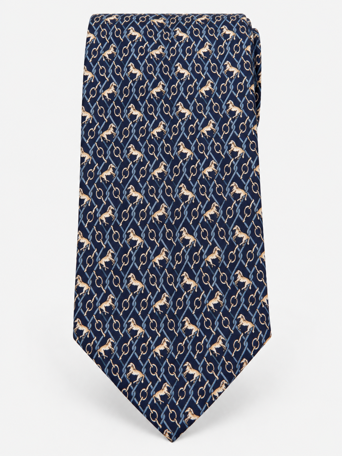 Fefè Cravatta Uomo in Seta Blu Navy con Cavalli Beige