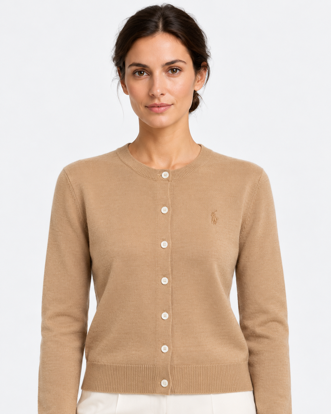 Polo Ralph Lauren Cardigan Donna Girocollo in Lana Cammello