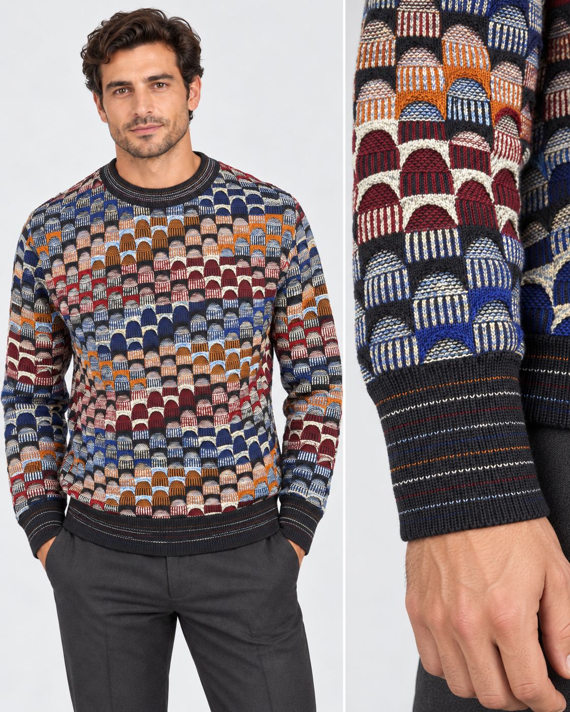 Lorenzoni Maglia girocollo uomo fantasia geometrica multicolore