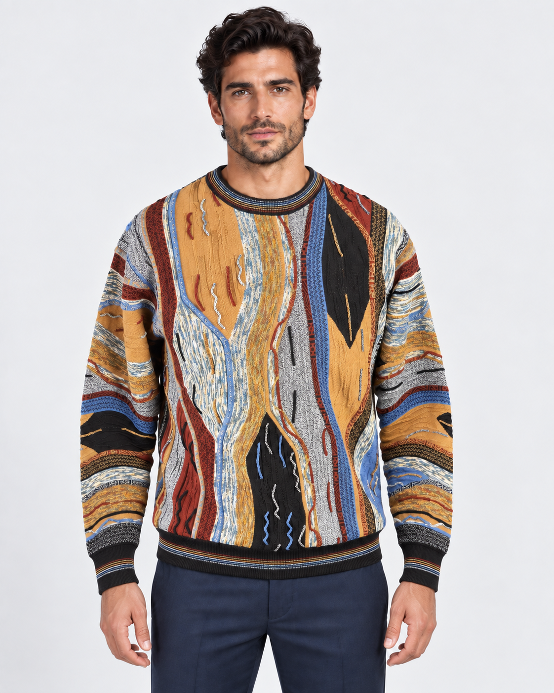 Lorenzoni Maglia girocollo uomo fantasia multicolore in misto lana