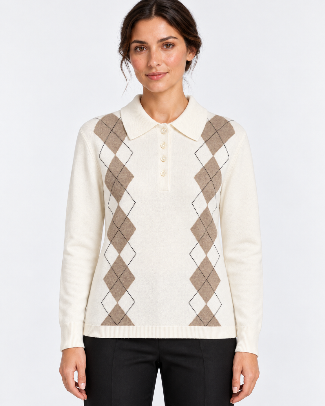 Gran Sasso Polo Donna Panna a Rombi in Lana e Cashmere