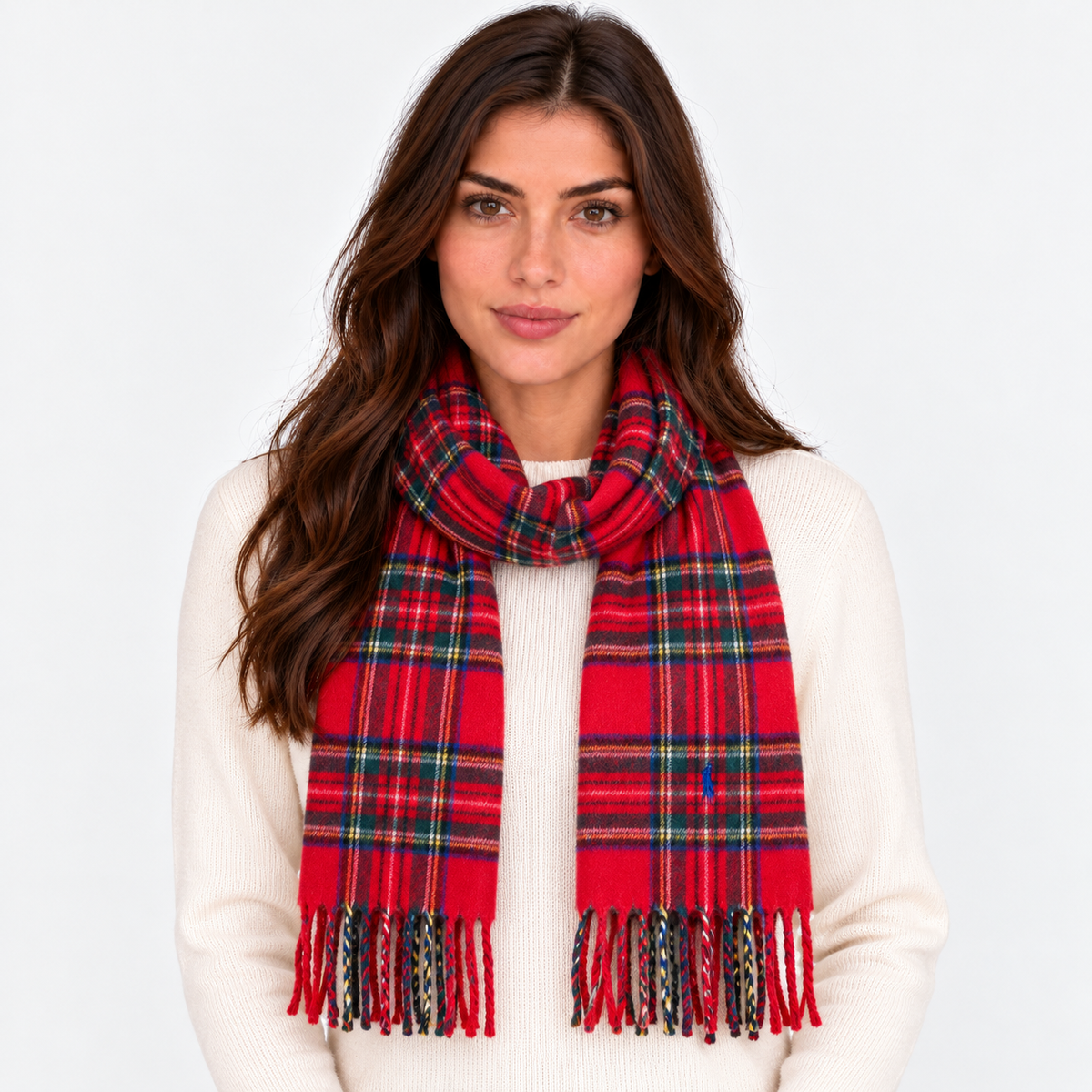 Polo Ralph Lauren cashmere plaid scarf with fringe red multicolor