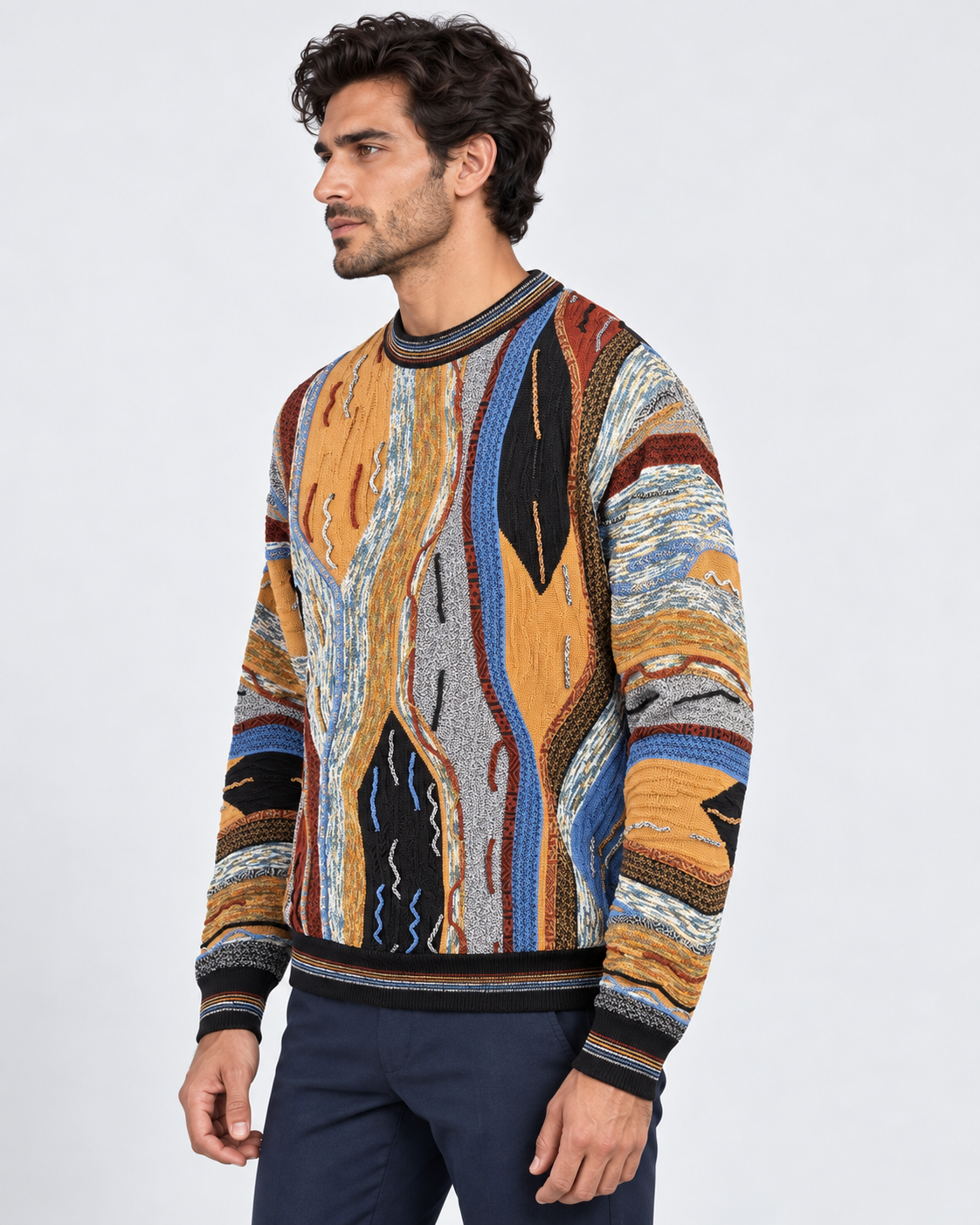 Lorenzoni Maglia girocollo uomo fantasia multicolore in misto lana