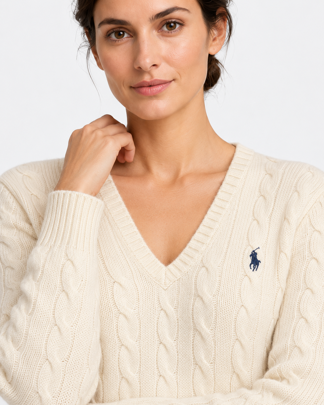 Maglione a collo a V in lana e cashmere a trecce bianco