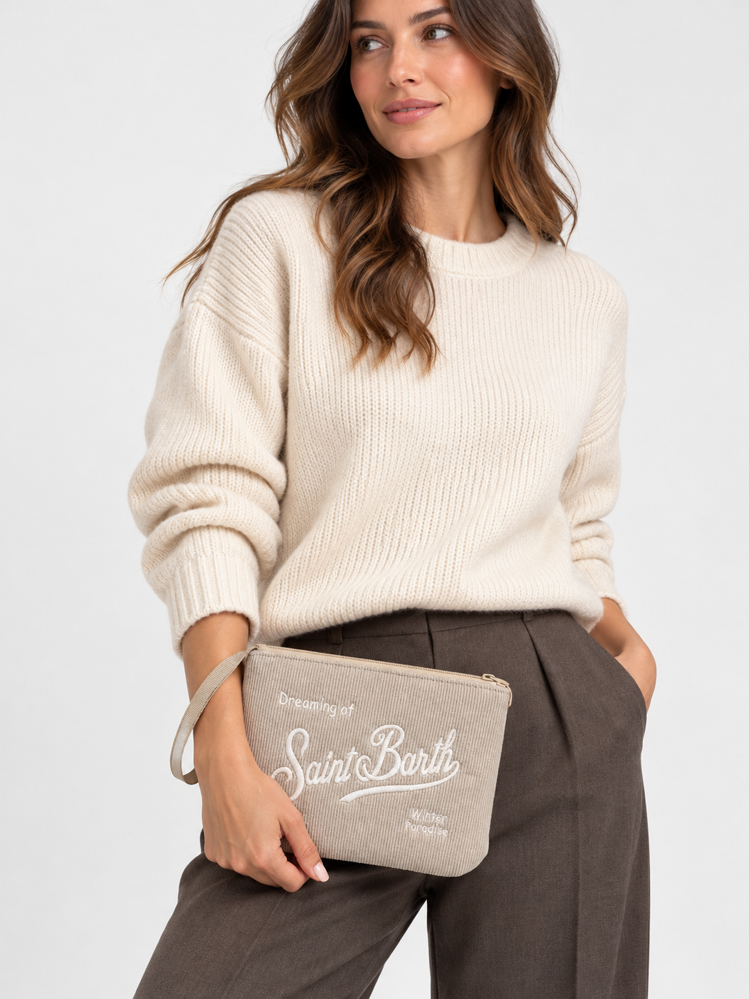 MC2 Saint Barth Pochette Donna Aline in Velluto a Coste Beige