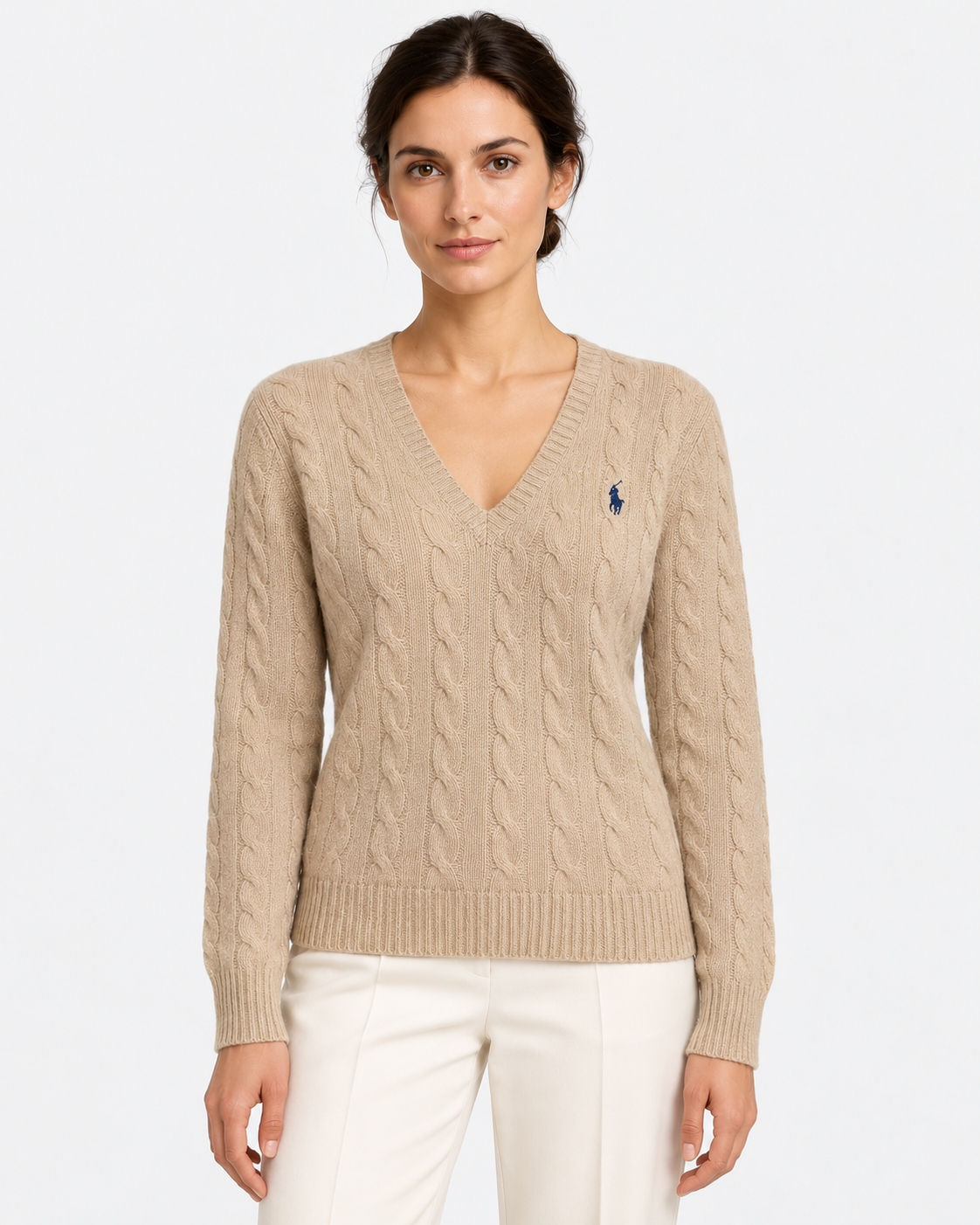 Maglione a collo a V in lana e cashmere a trecce beige