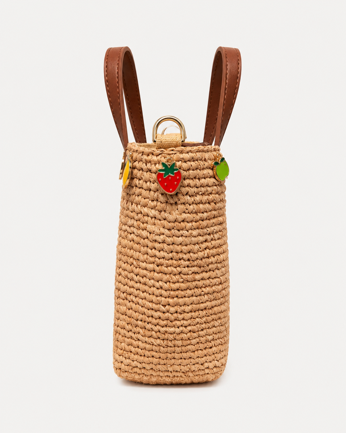 Borsa City mini in raffia con charms applicati e logo ricamato
