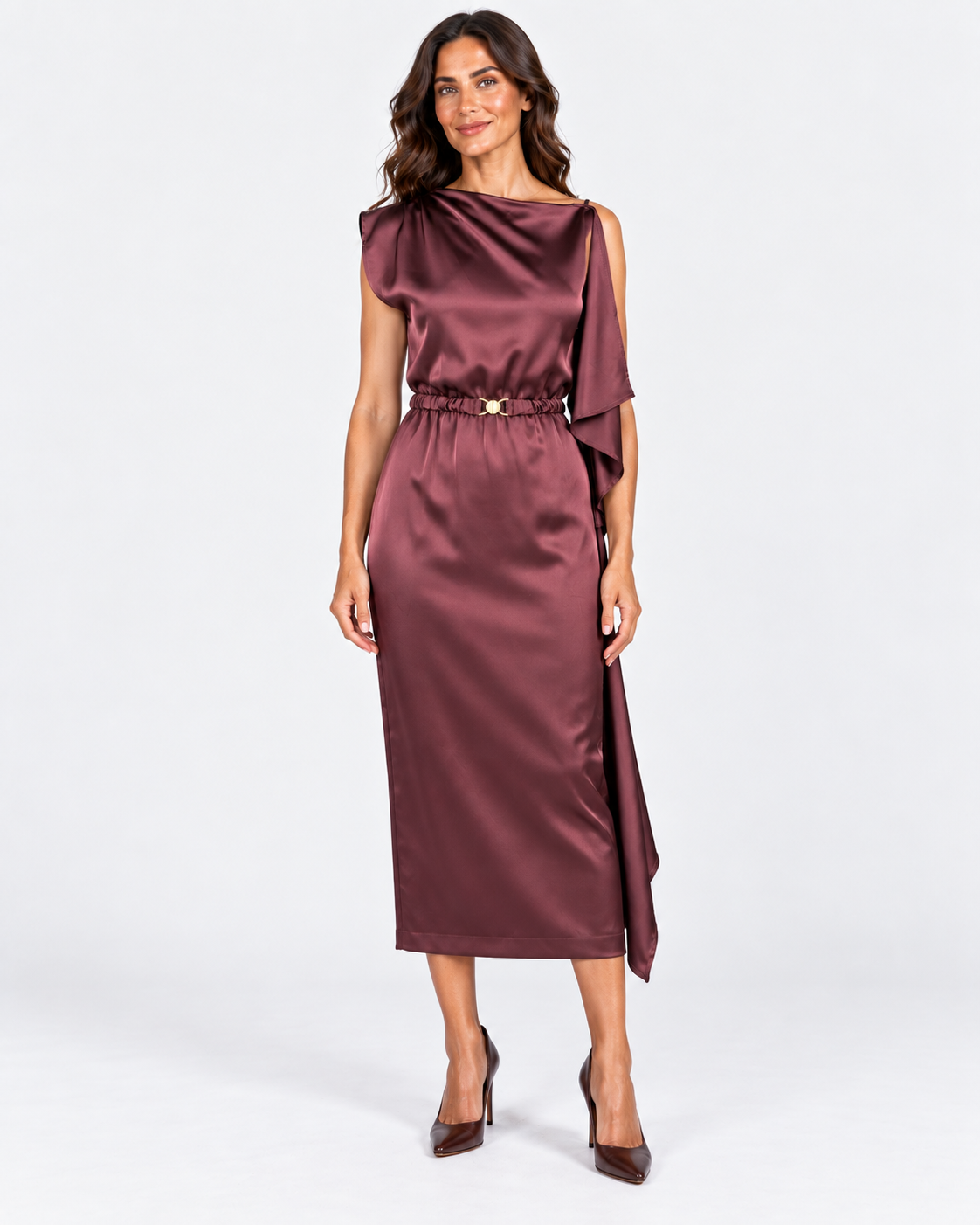 Dixie abito midi donna satinato bordeaux con cintura