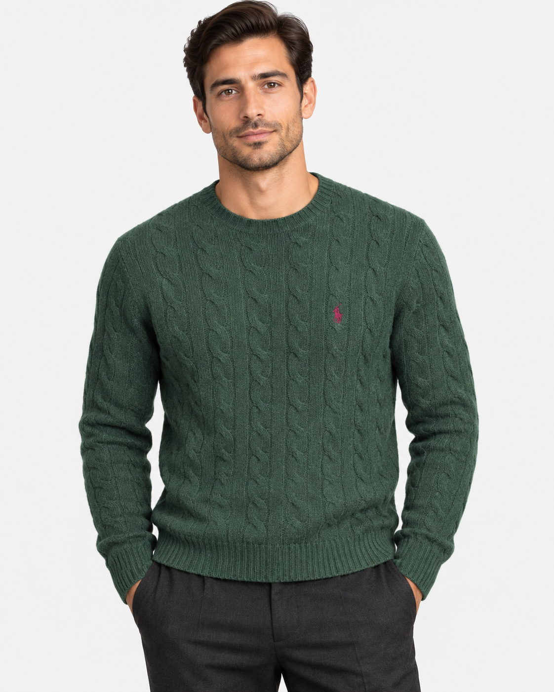 Polo Ralph Lauren Maglia Uomo Verde a Trecce in Lana e Cashmere