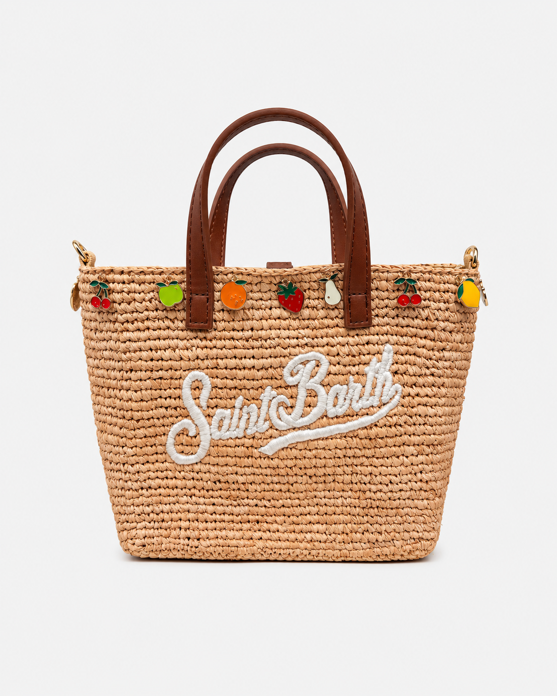 Borsa City mini in raffia con charms applicati e logo ricamato