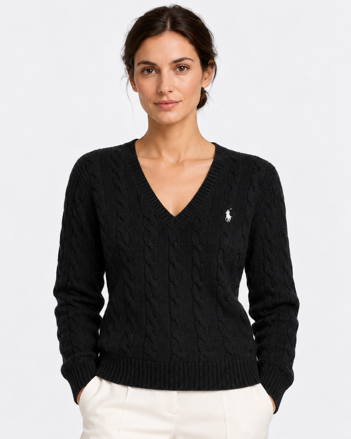 Maglione a collo a V in lana e cashmere a trecce
