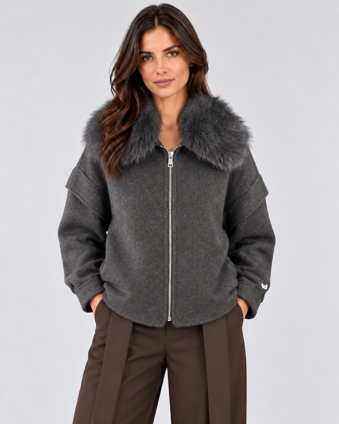 Dixie Giacca Donna in Lana con Collo in Ecopelliccia Grey