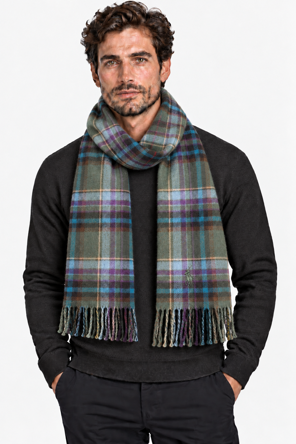Polo Ralph Lauren Sciarpa Uomo Tartan Verde con Frange
