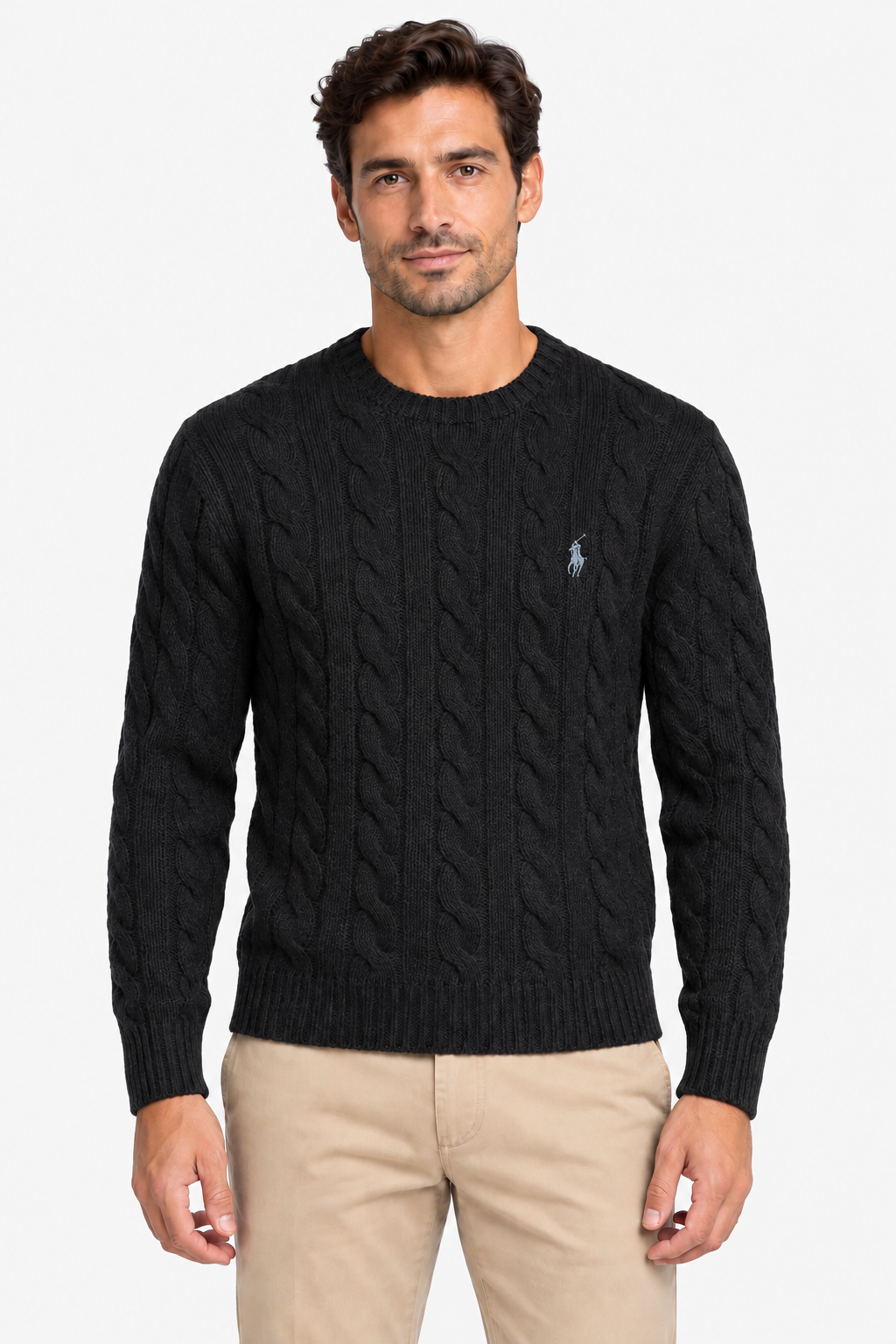 Polo Ralph Lauren Maglia Uomo a Trecce Nera in Lana e Cashmere