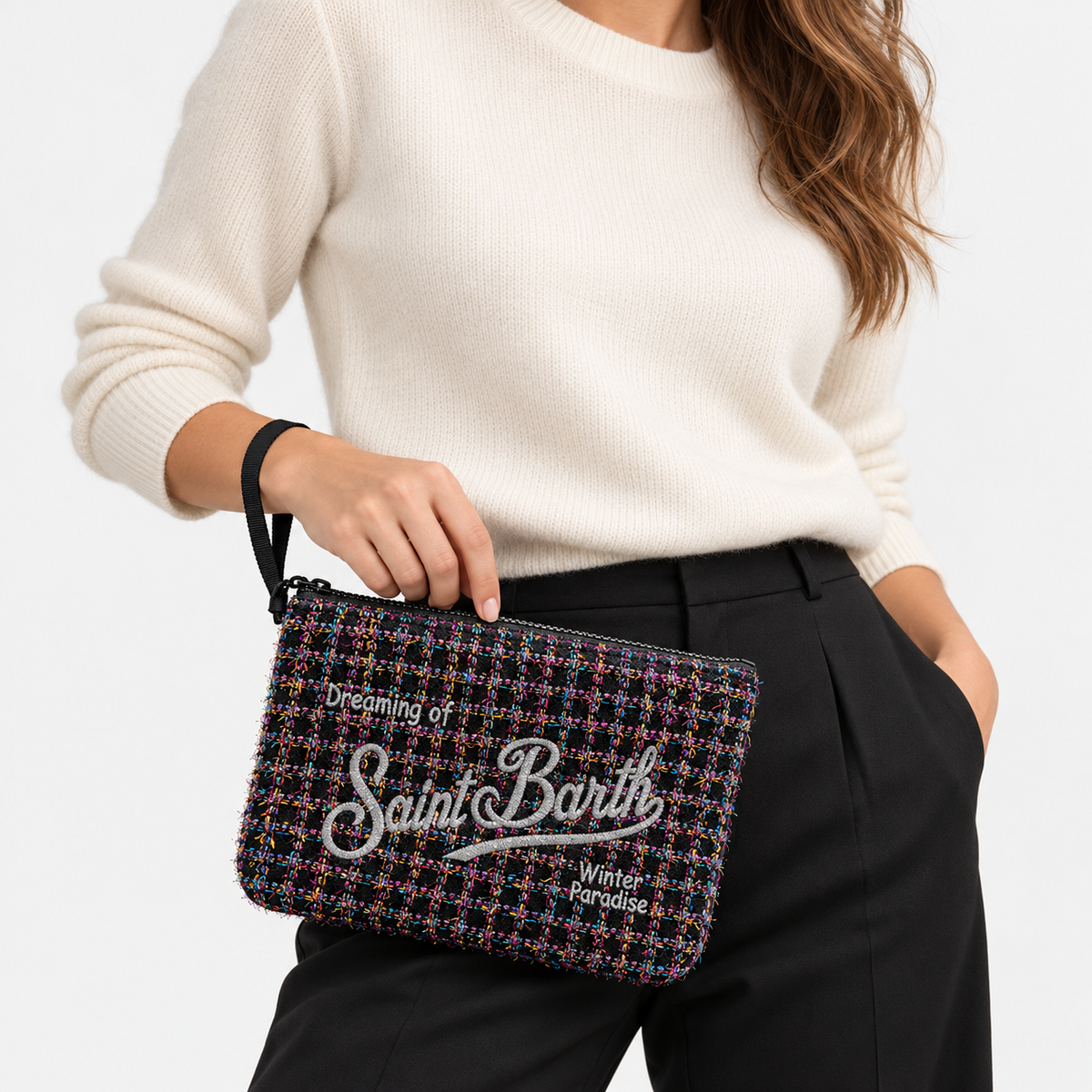 MC2 Saint Barth Pochette Donna Aline Tweed Shiny Nero Multicolore