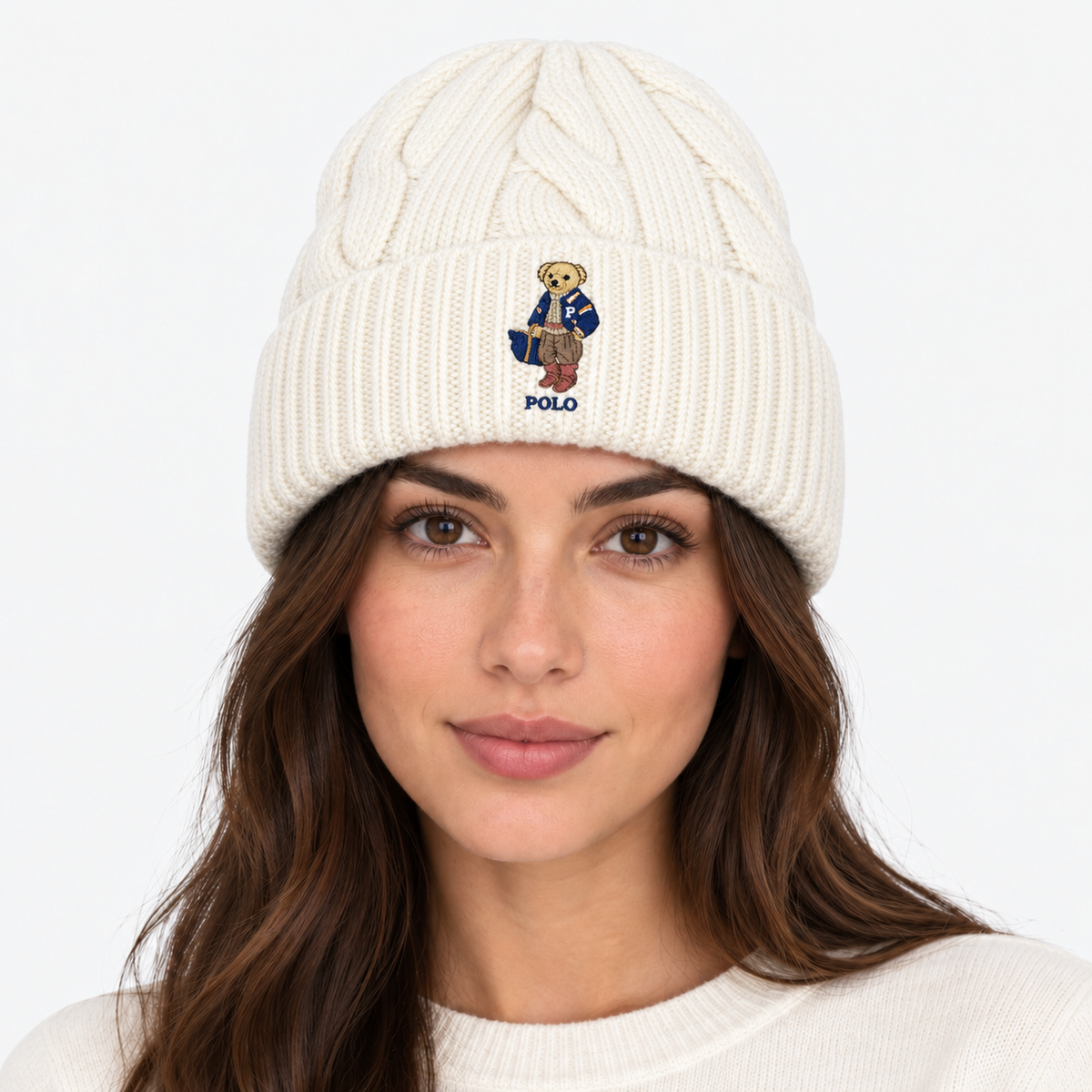 Polo Ralph Lauren Berretto Donna Polo Bear a Trecce Panna