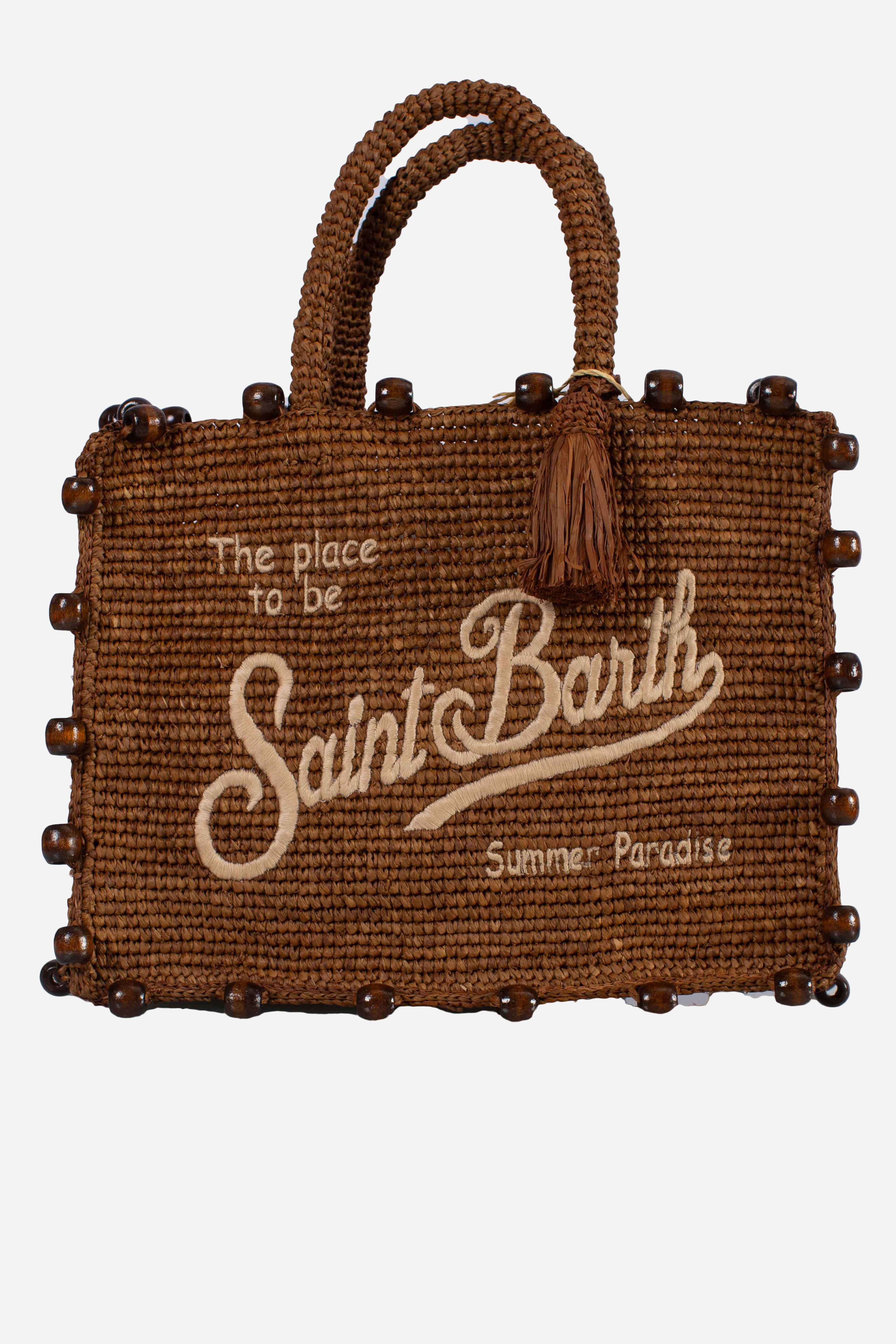 Borsa Colette in rafia marrone con perline e logo ricamato