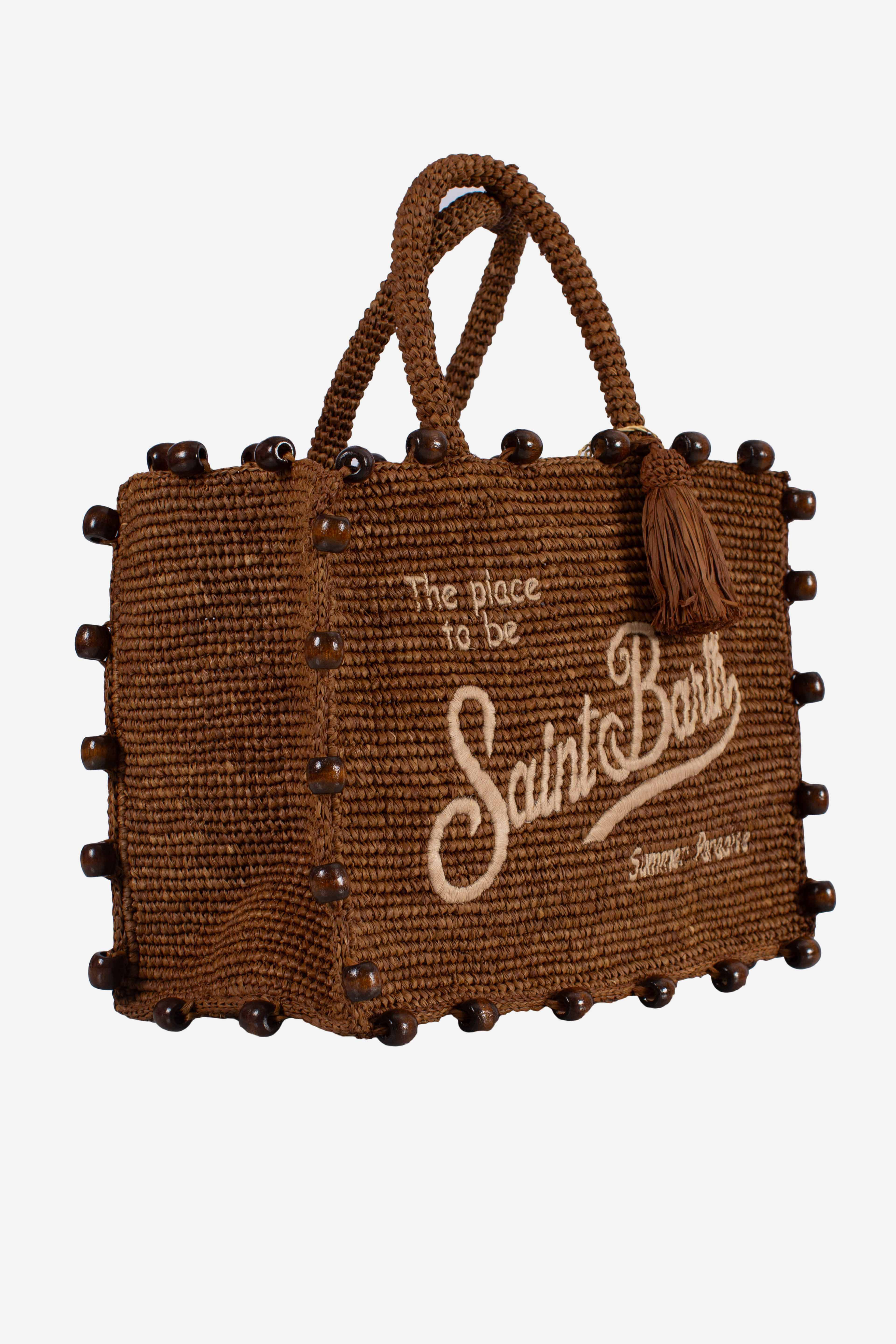 Borsa Colette in rafia marrone con perline e logo ricamato