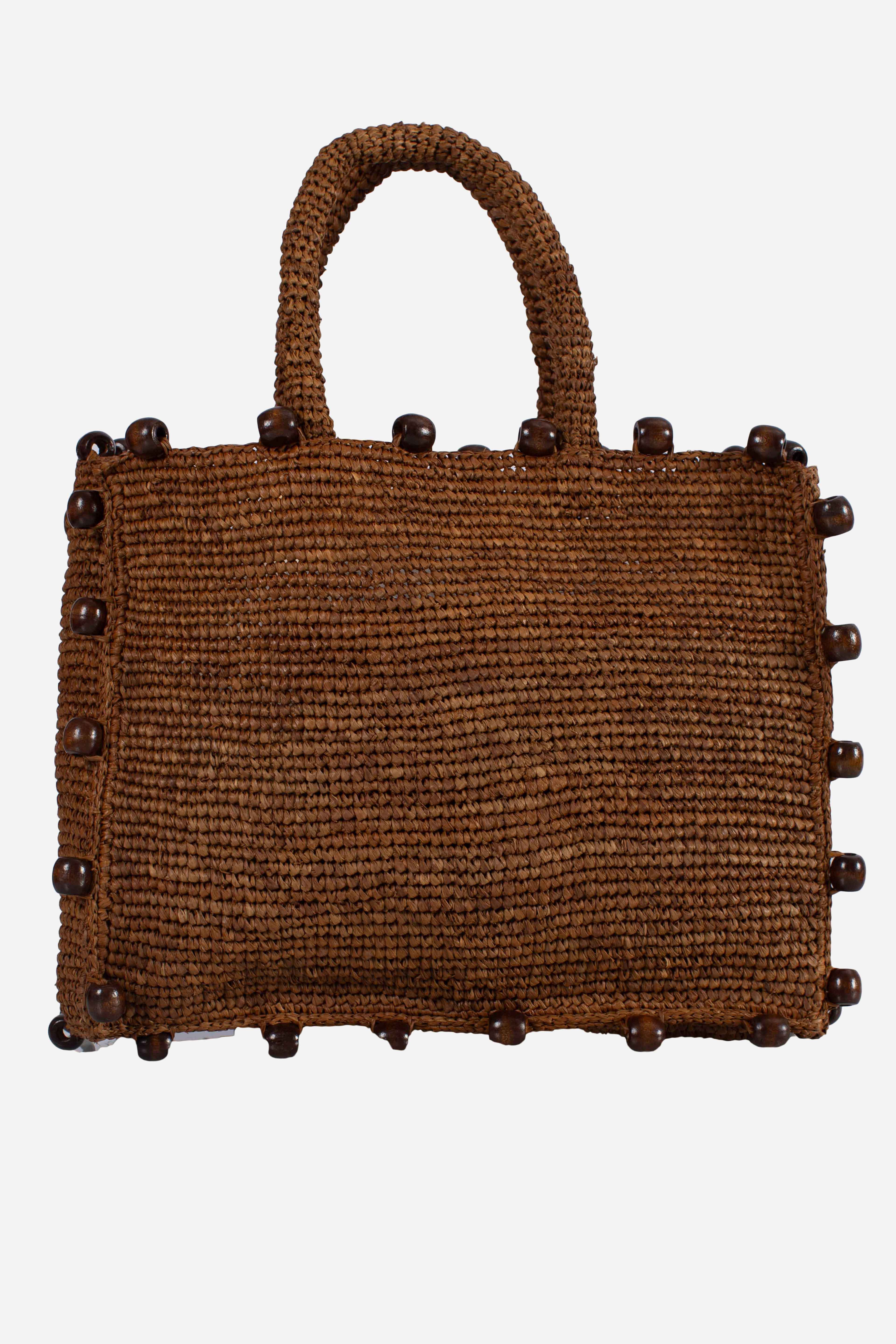 Borsa Colette in rafia marrone con perline e logo ricamato