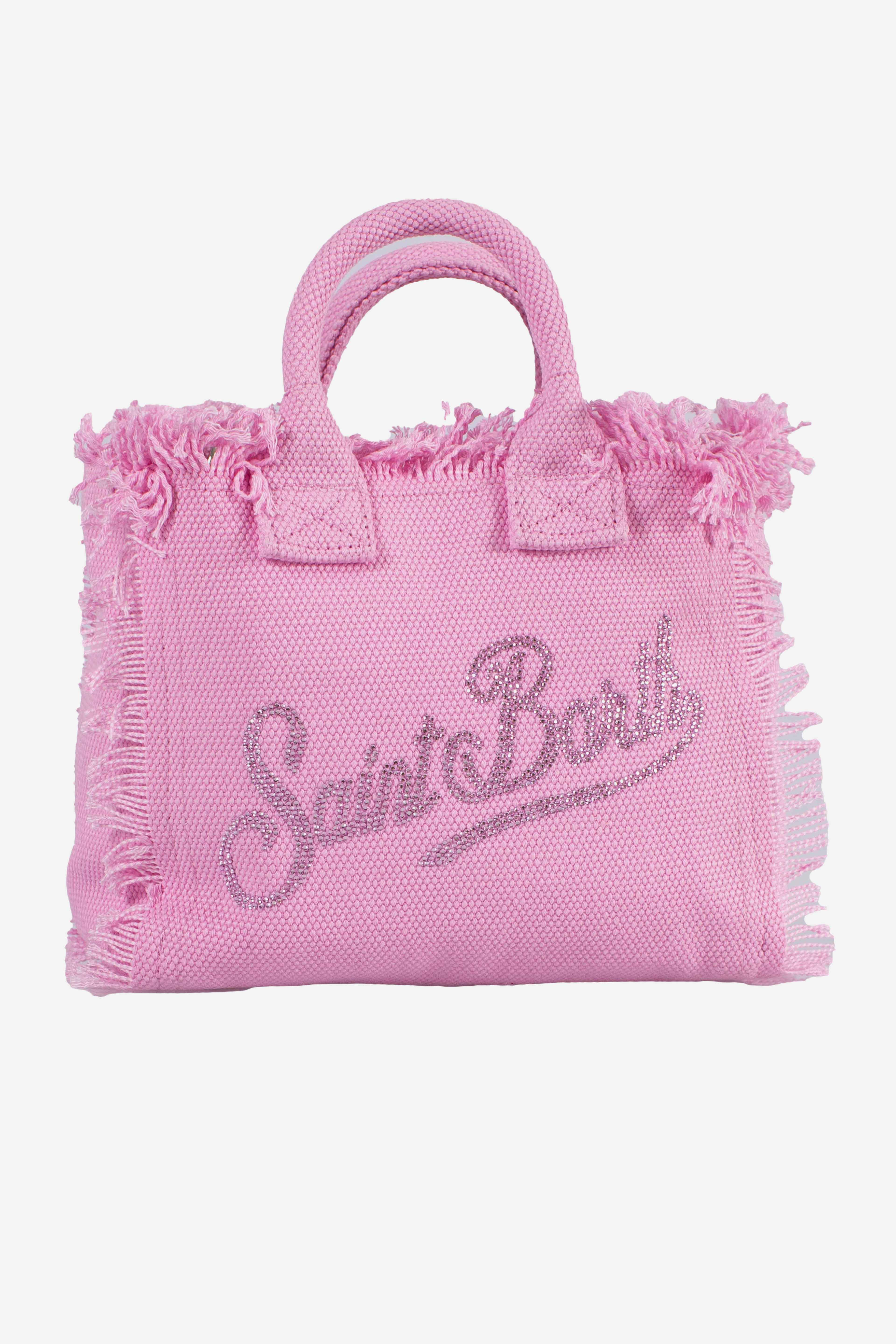 Borsa Vanity mini in canvas rosa con logo in strass
