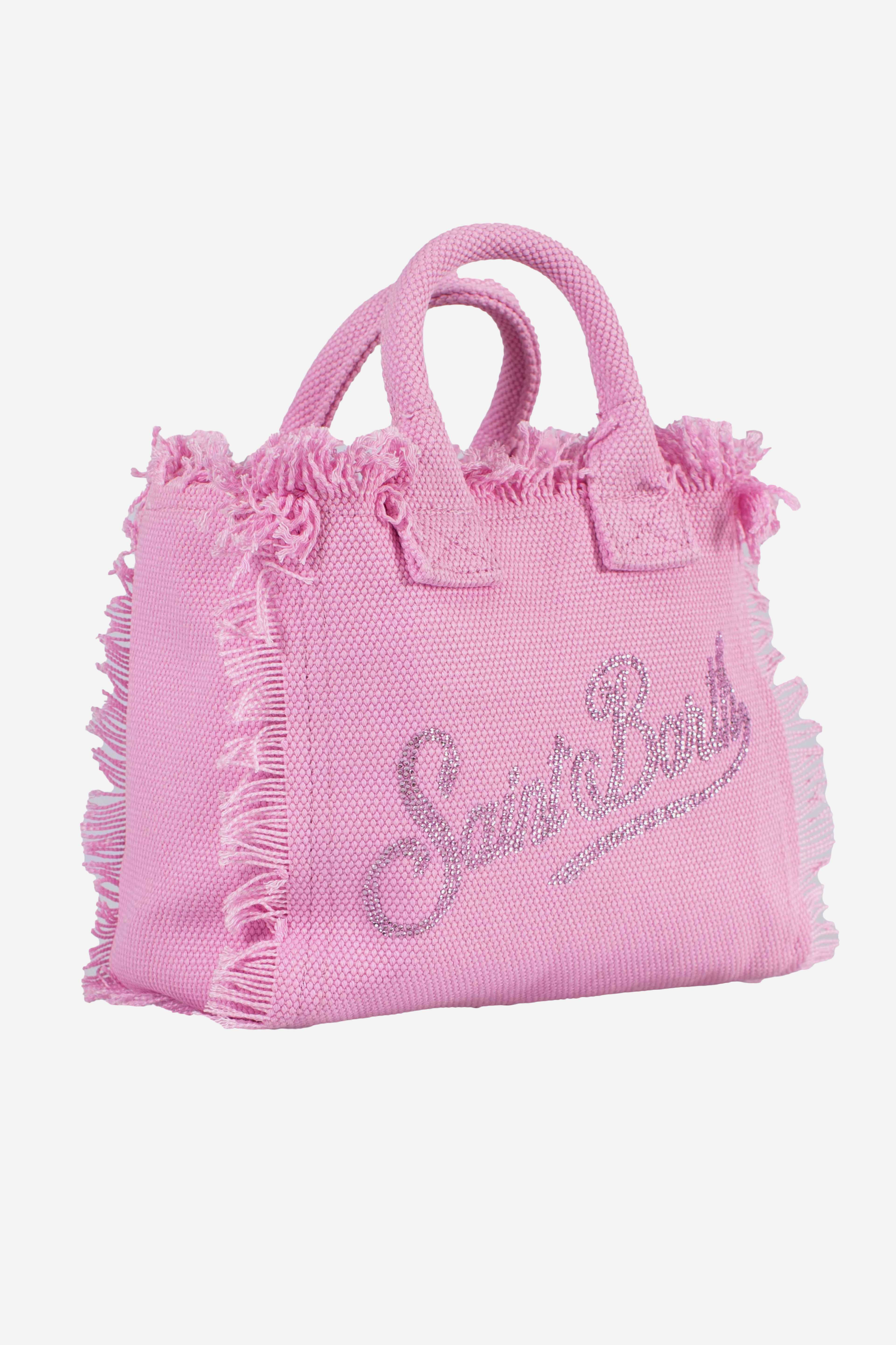 Borsa Vanity mini in canvas rosa con logo in strass