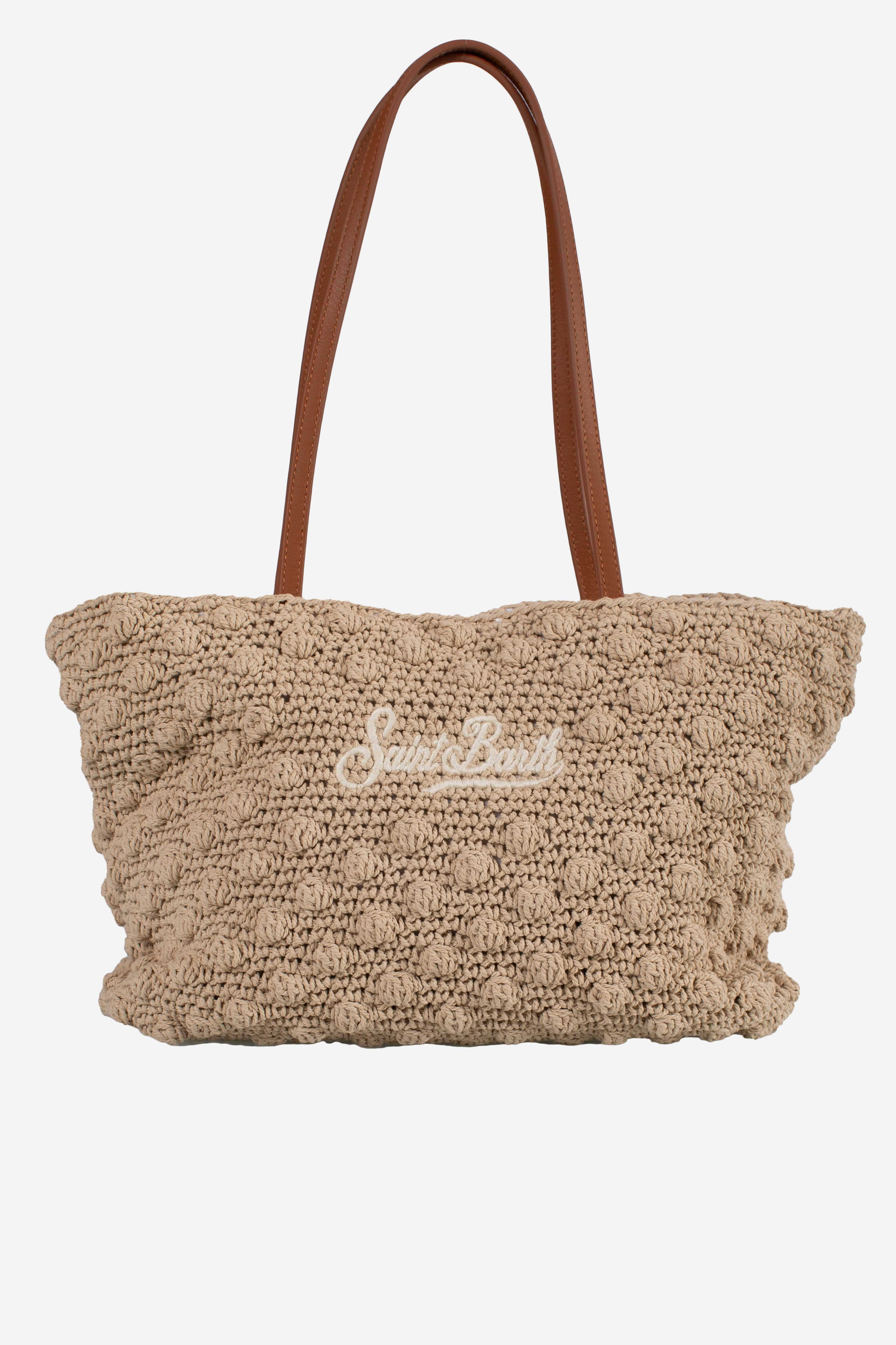 Borsa Tote Crochet medium beige con logo ricamato