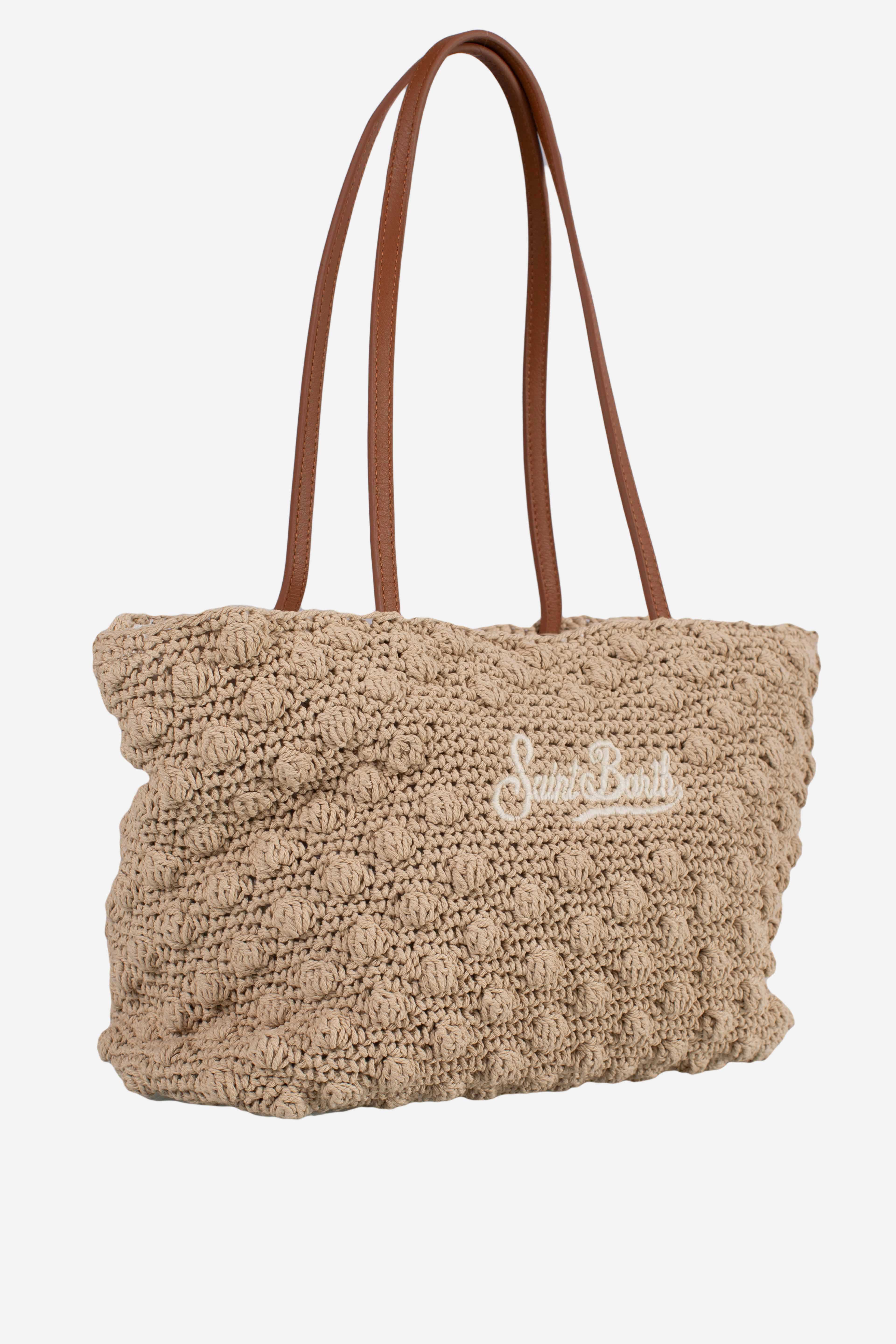 Borsa Tote Crochet medium beige con logo ricamato