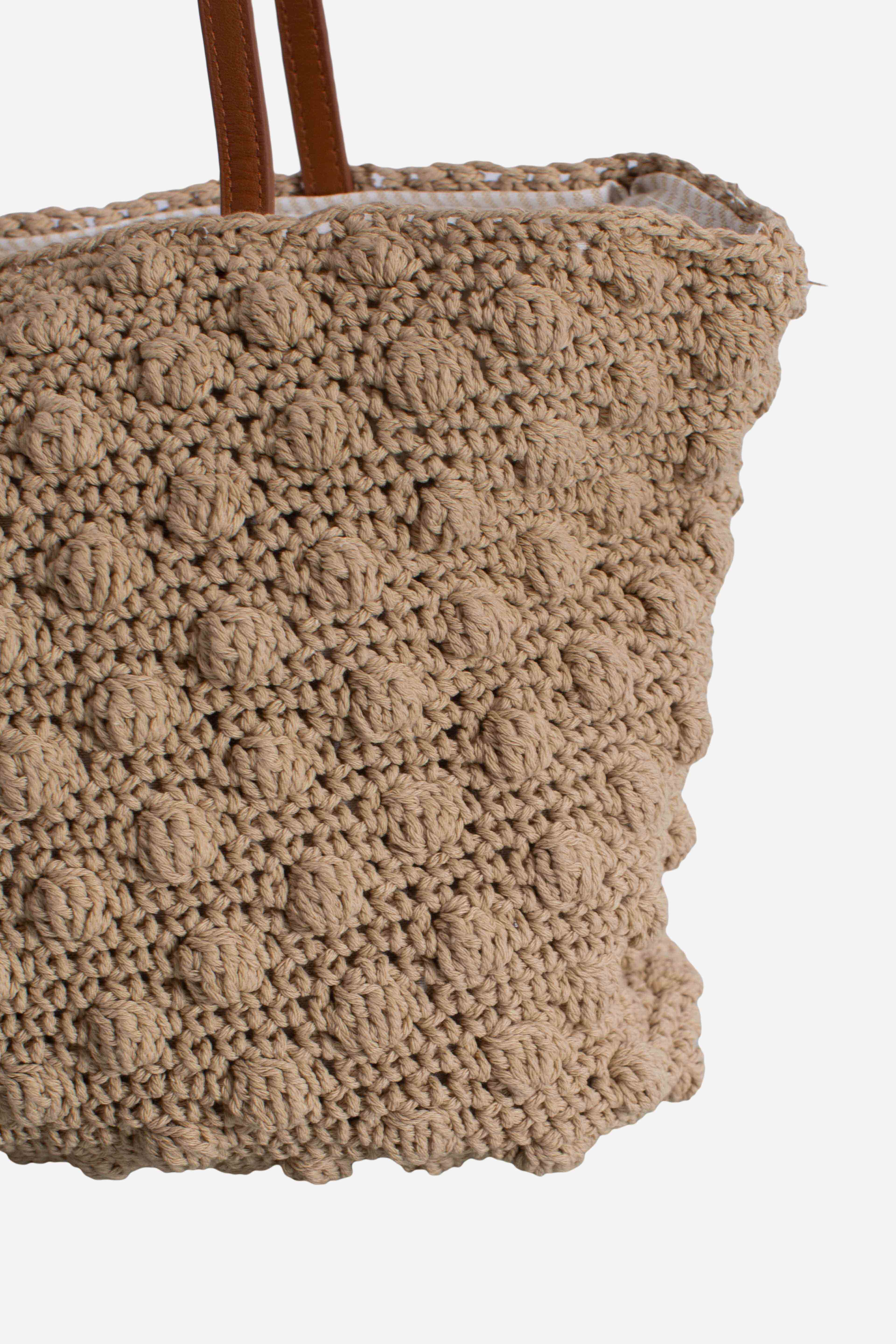 Borsa Tote Crochet medium beige con logo ricamato