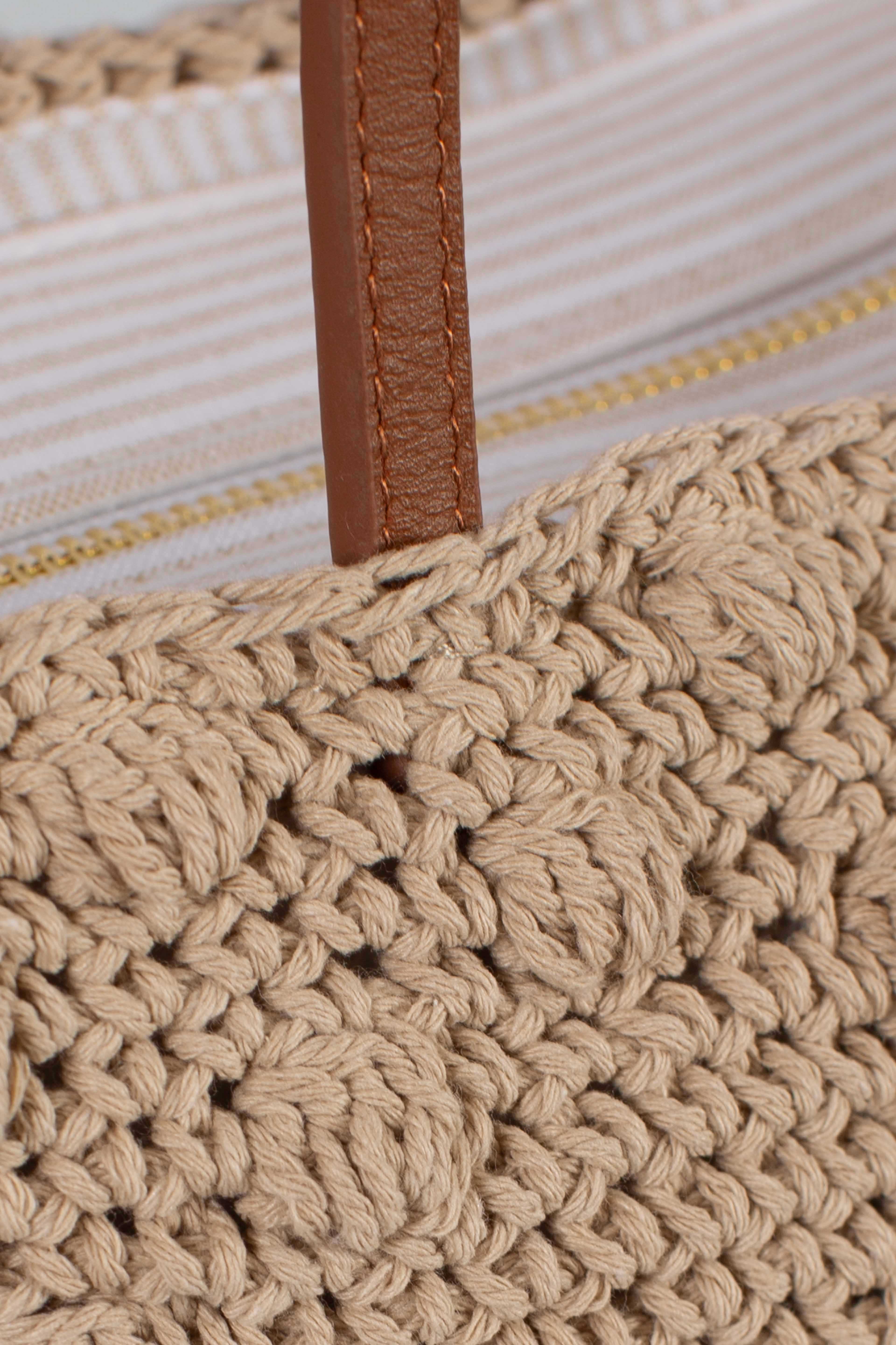 Borsa Tote Crochet medium beige con logo ricamato