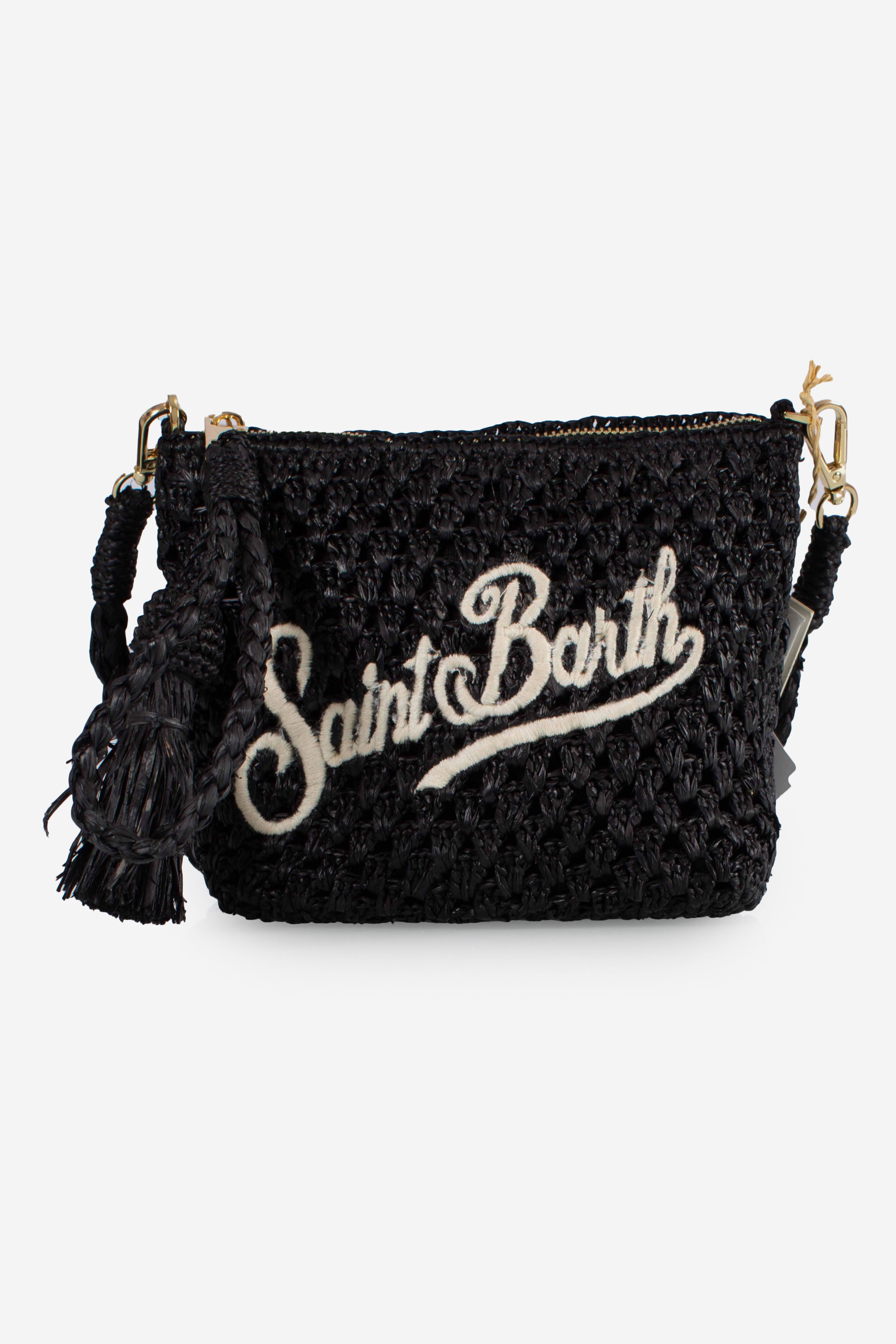 Pouch in rafia intrecciata black con logo ricamato