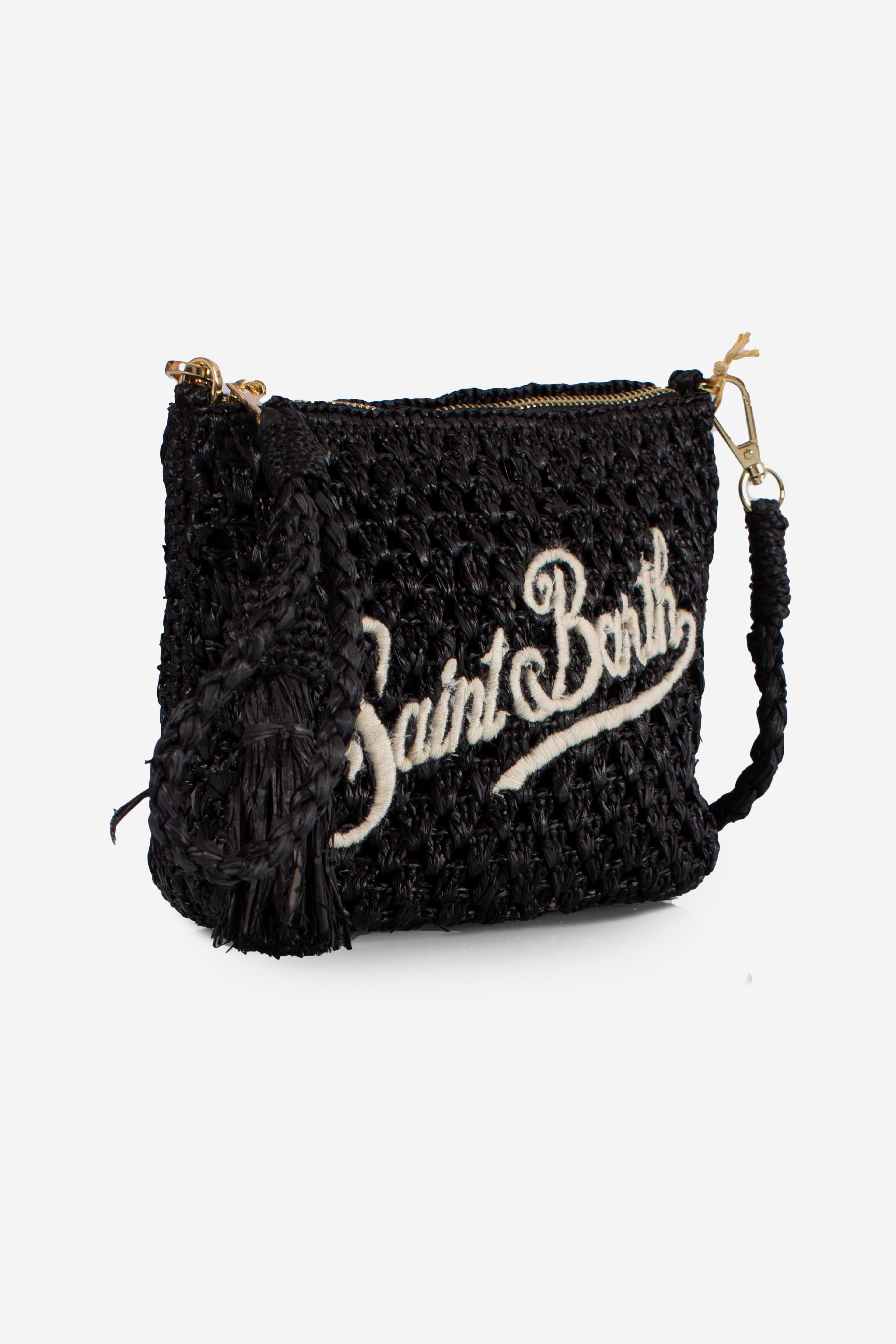 Pouch in rafia intrecciata black con logo ricamato