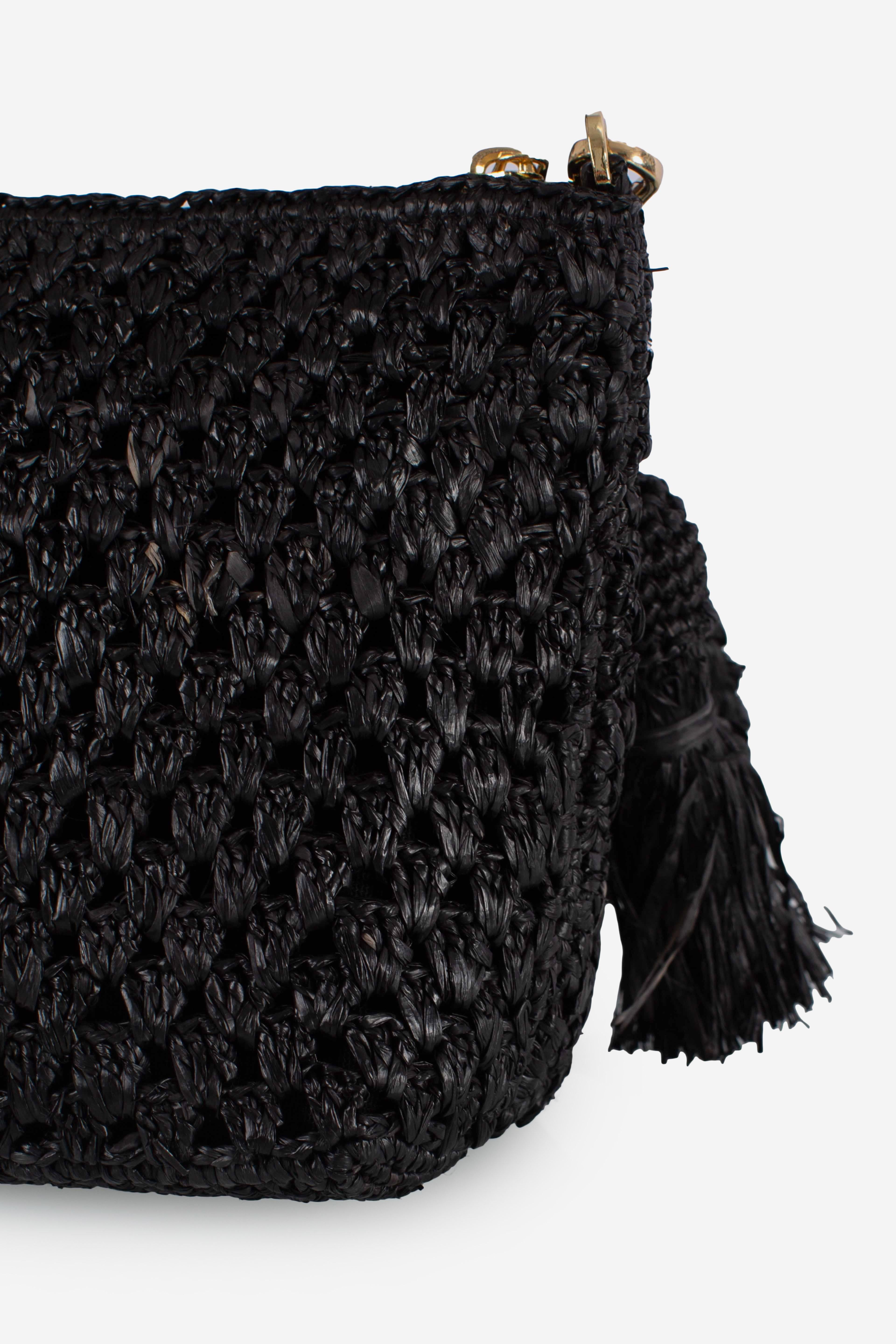 Pouch in rafia intrecciata black con logo ricamato