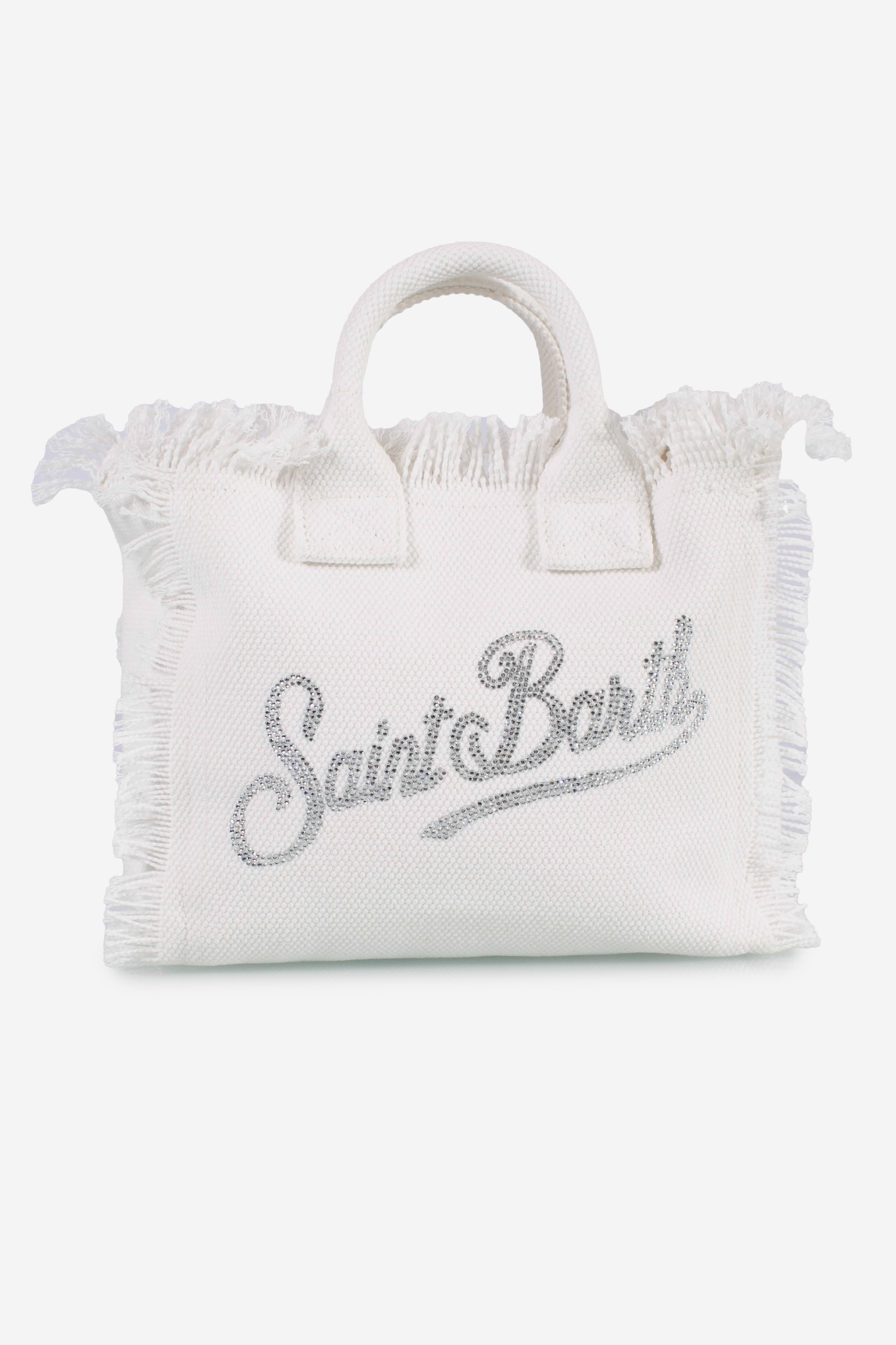 Borsa Vanity mini in canvas white con logo in strass
