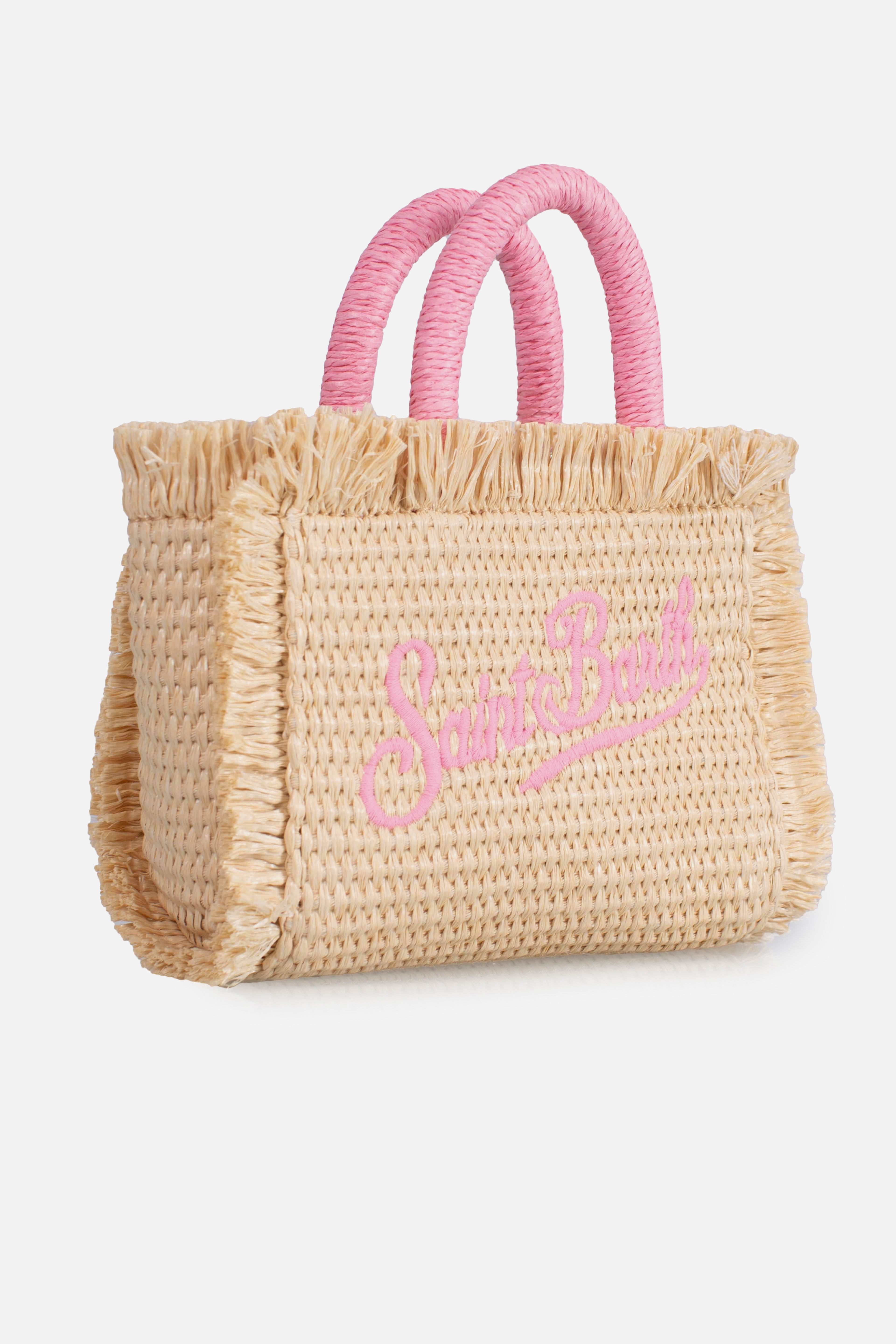 Borsa Vanity micro effetto paglia con dettagli rosa