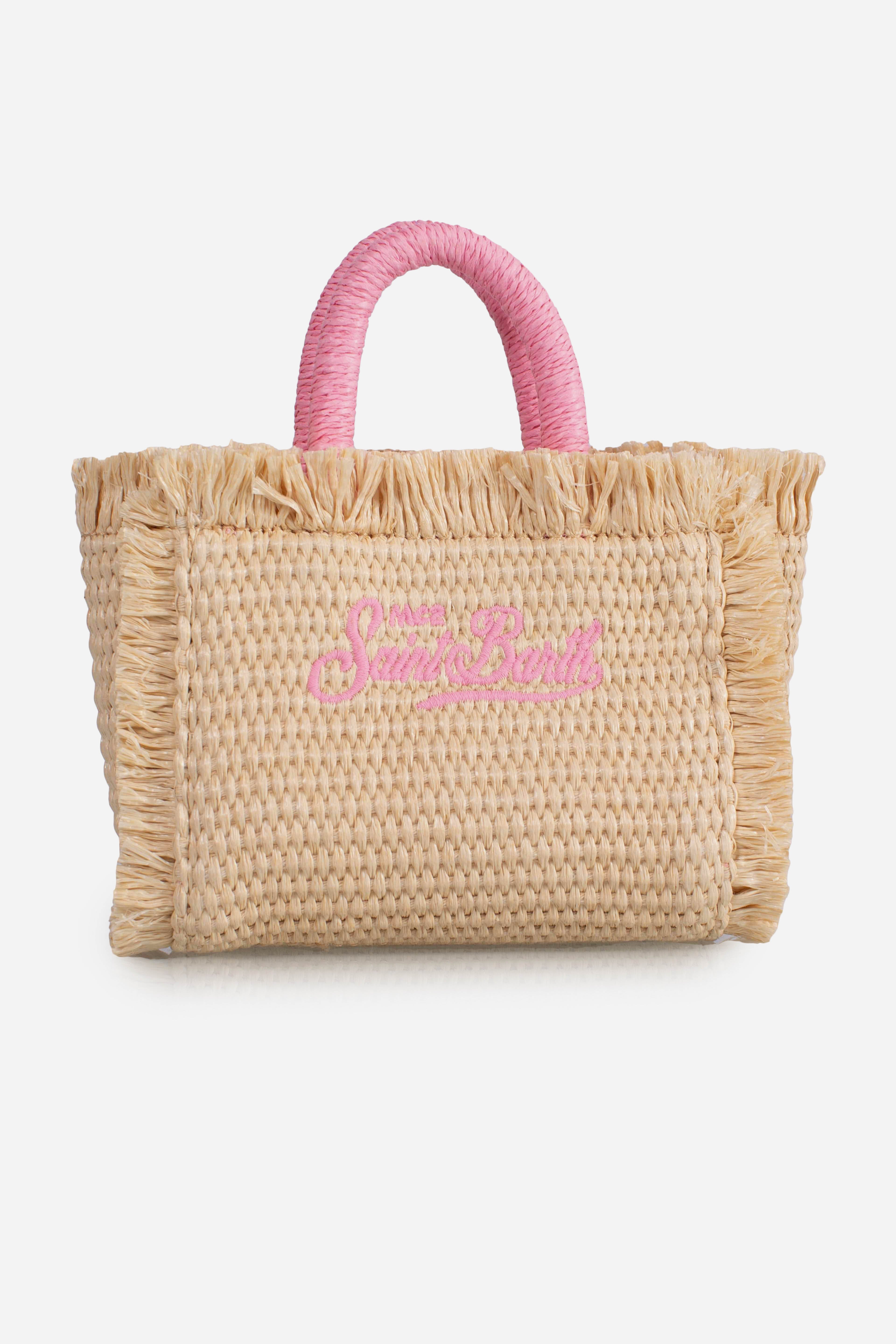 Borsa Vanity micro effetto paglia con dettagli rosa
