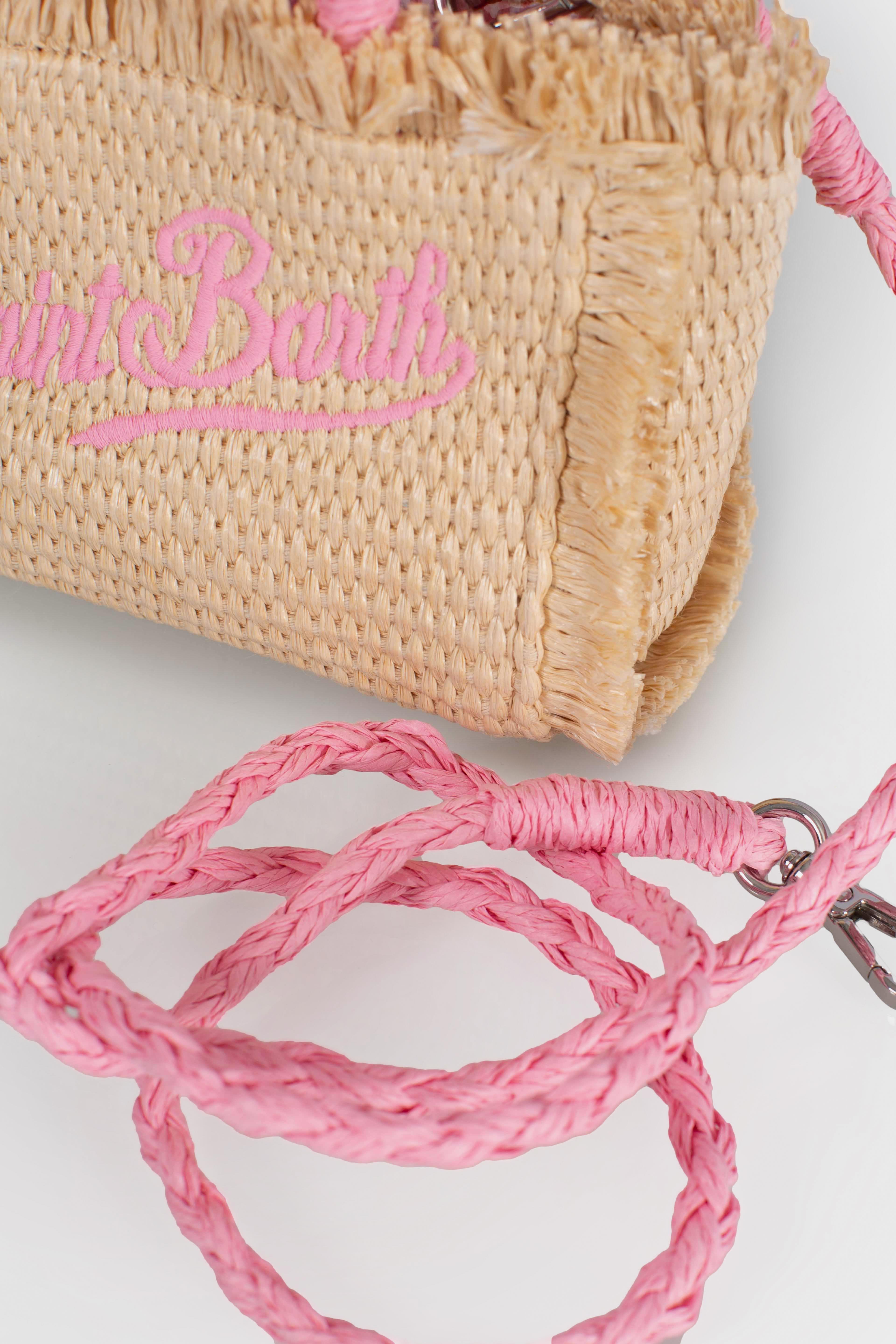 Borsa Vanity micro effetto paglia con dettagli rosa