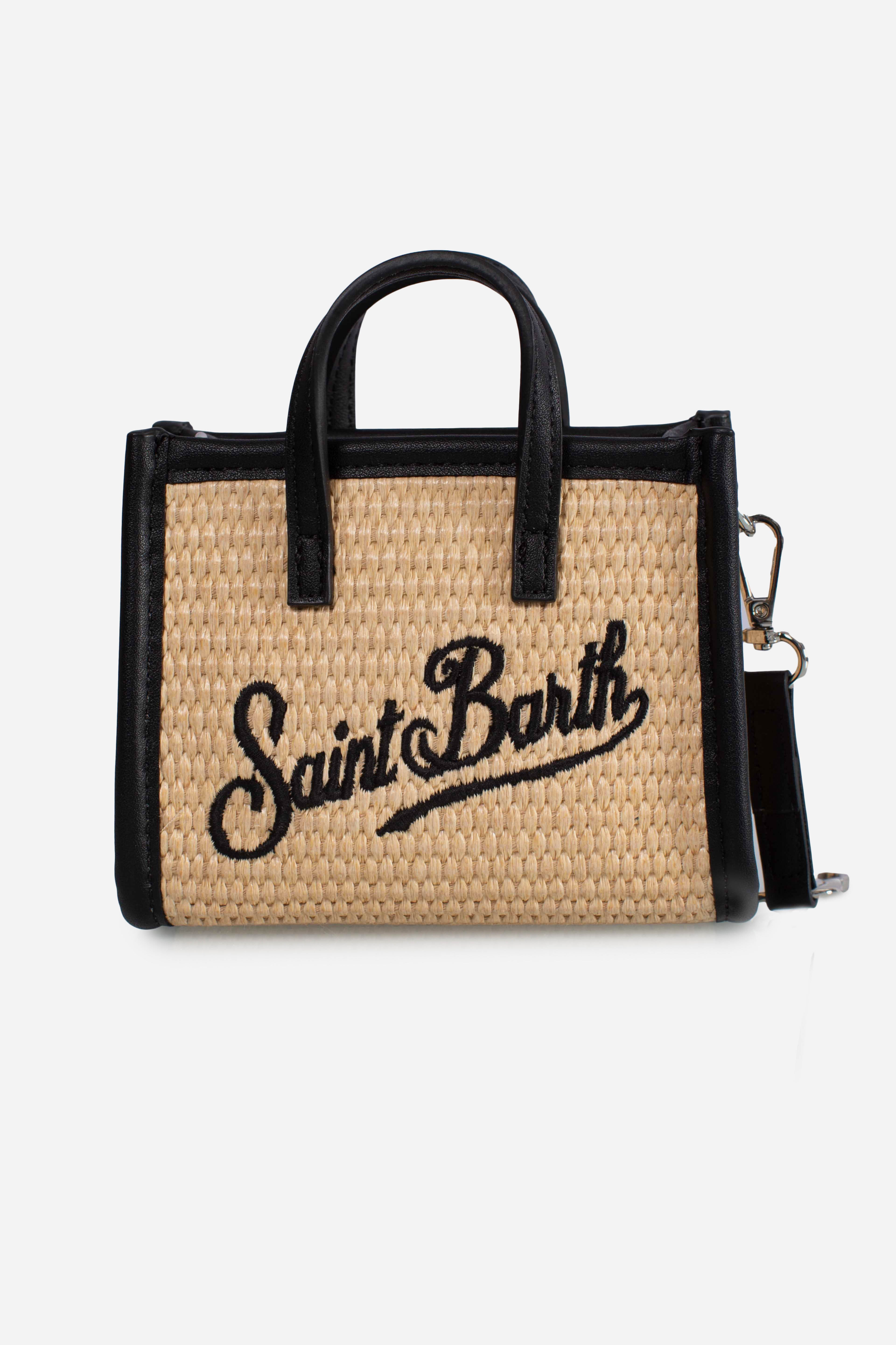Borsa Vivian micro effetto paglia con logo nero ricamato
