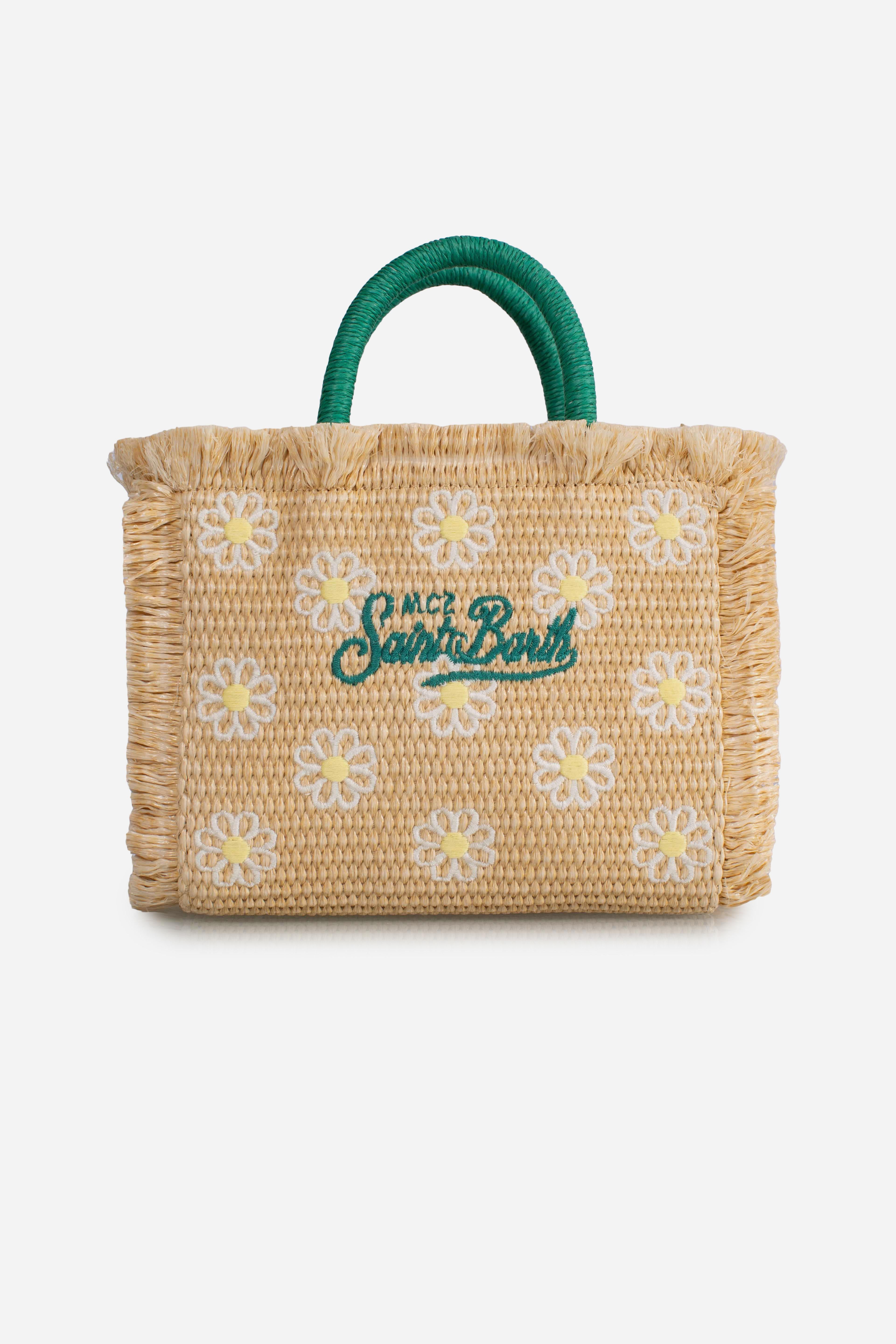 Borsa Mini Vanity effetto paglia con patch margherite applicato