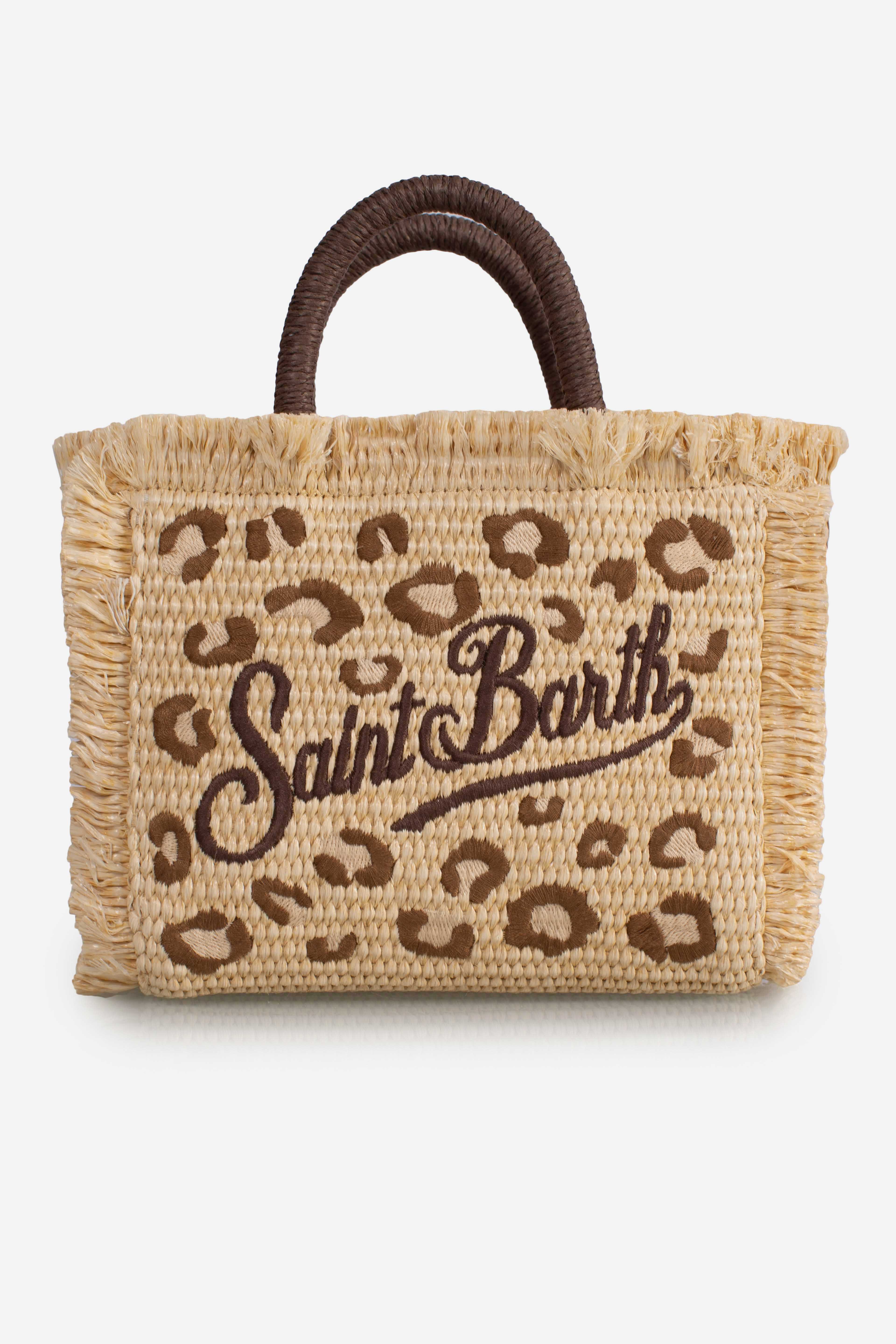 Borsa Vanity mini in tessuto effetto paglia con ricamo leopardato