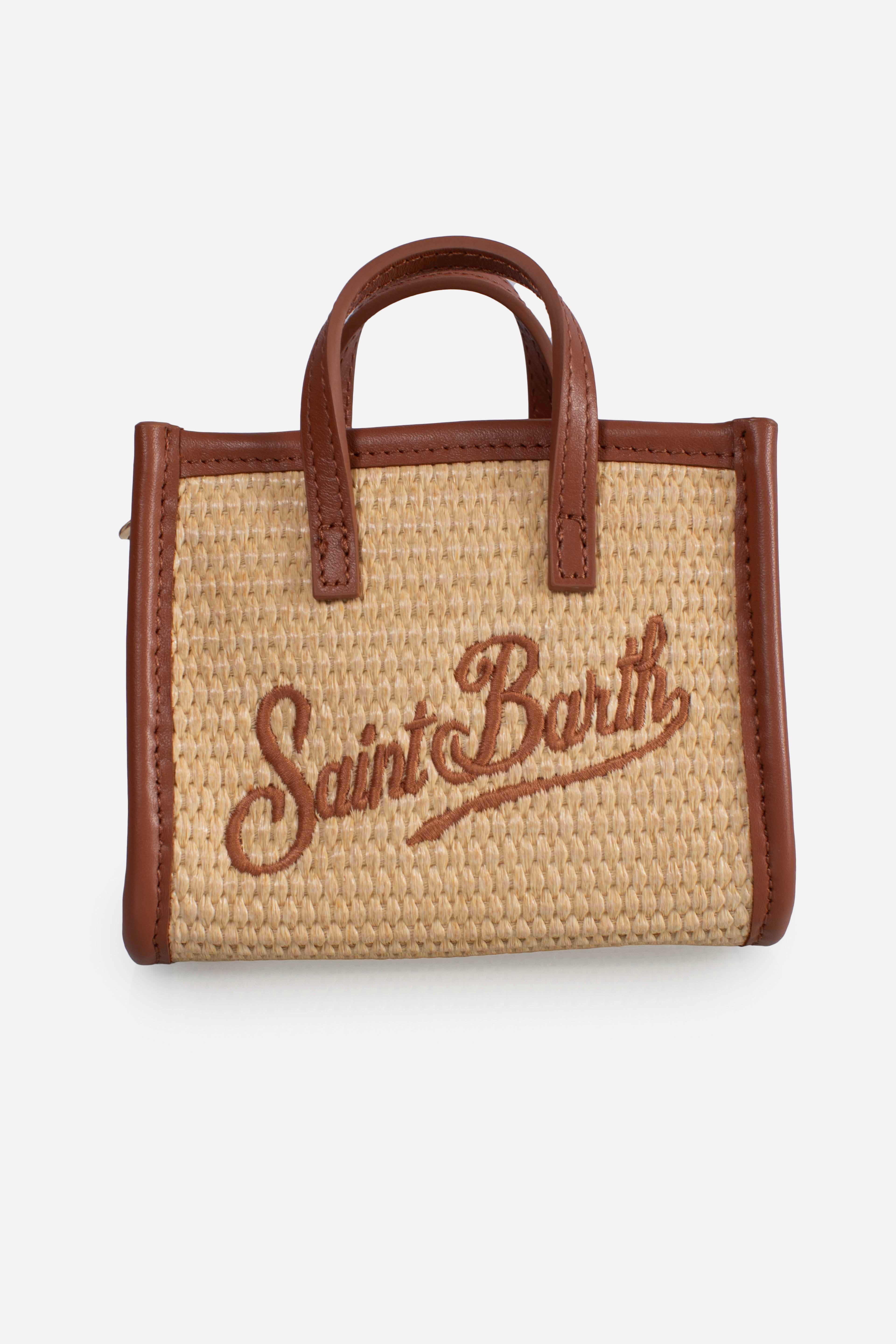Borsa Vivian micro effetto paglia con logo marrone ricamato