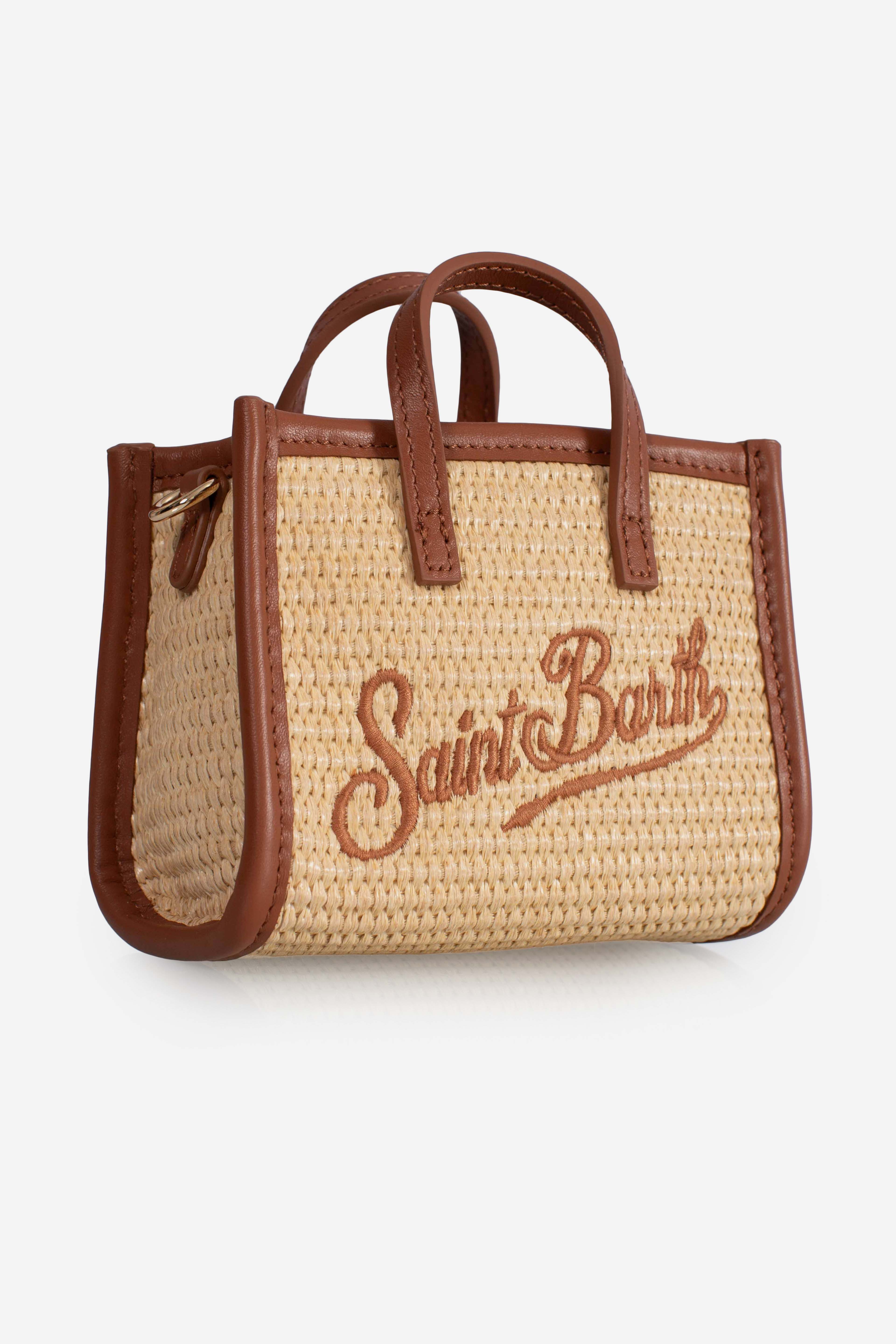 Borsa Vivian micro effetto paglia con logo marrone ricamato