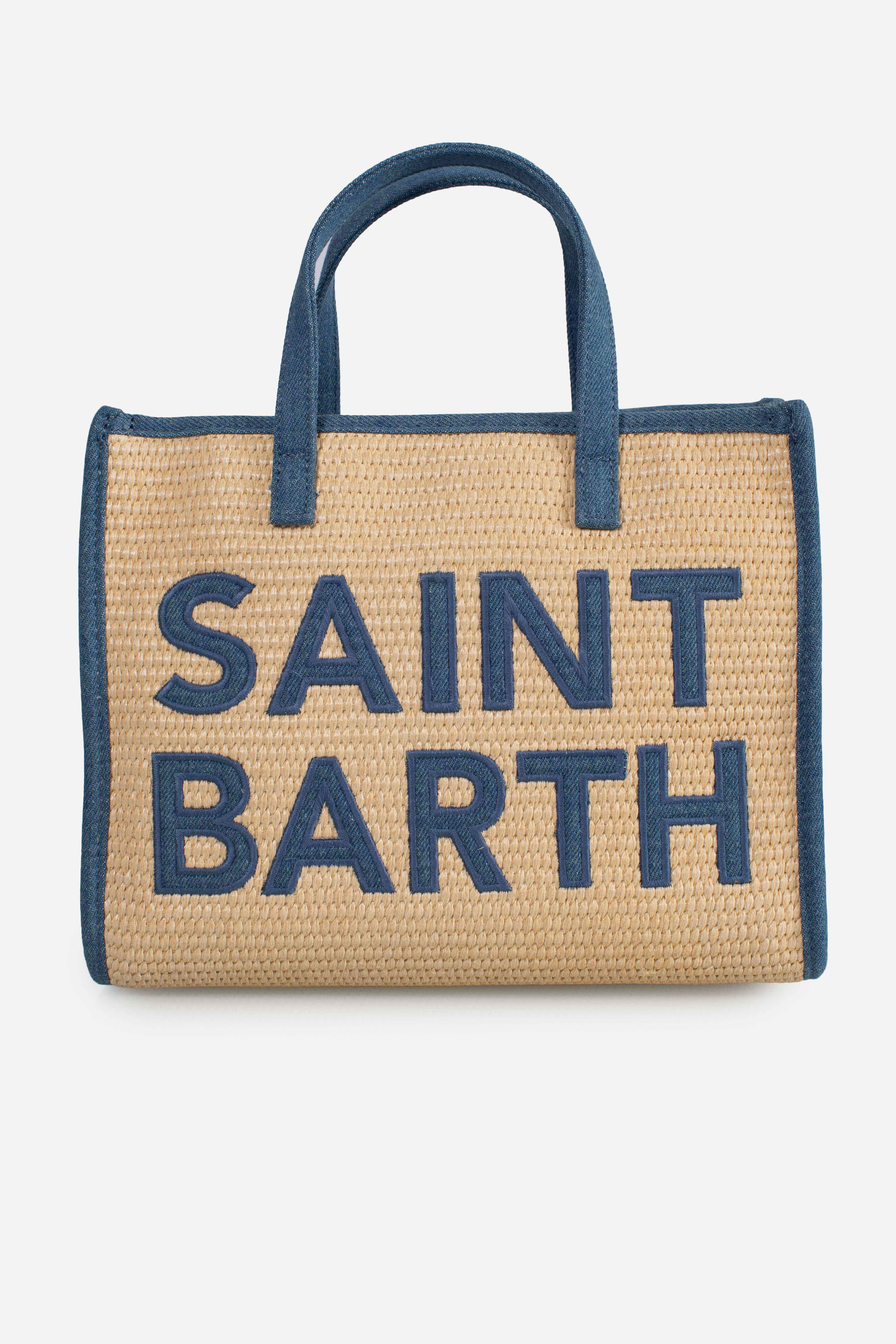 Borsa Vivian Mid Straw beige effetto paglia con patch denim