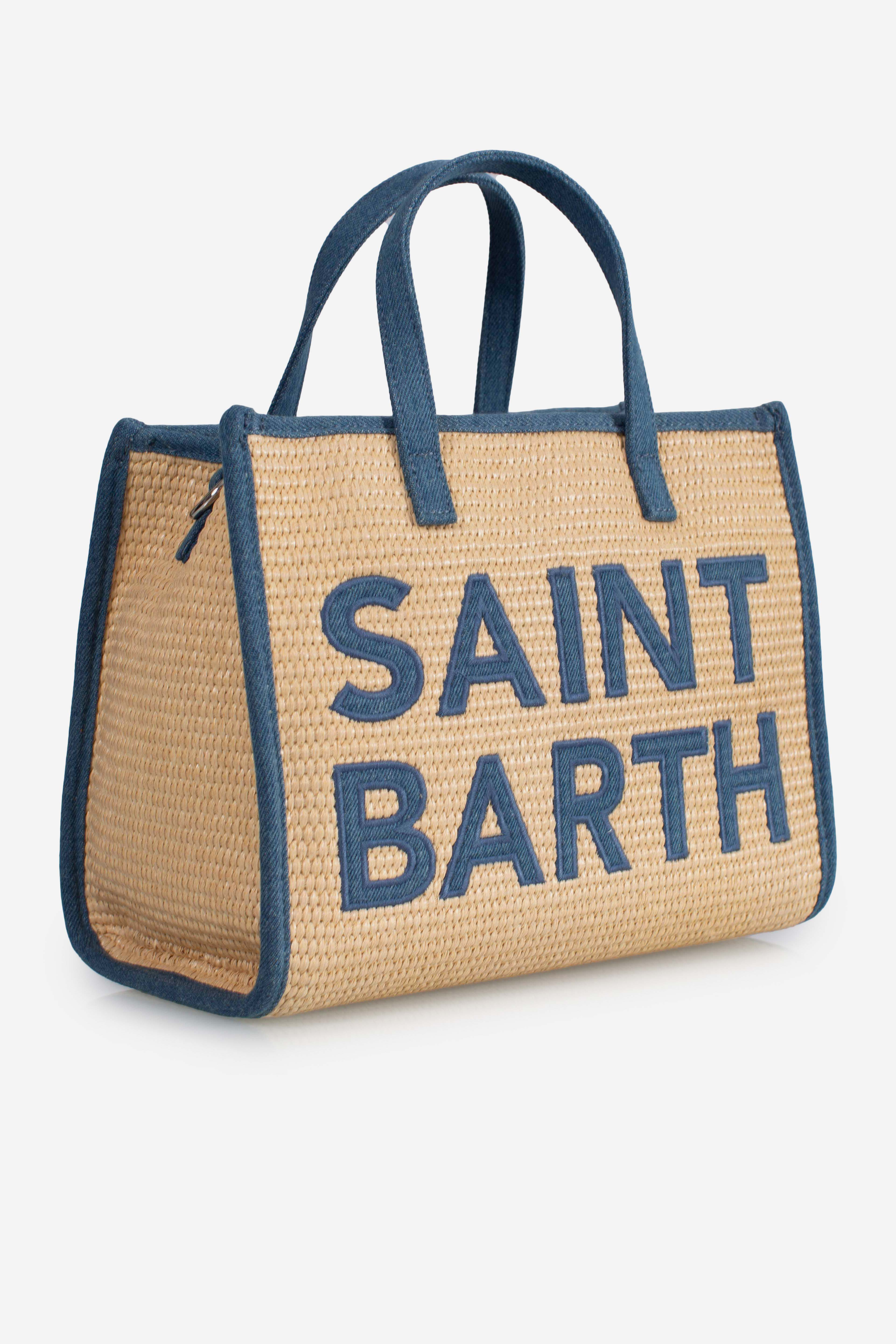 Borsa Vivian Mid Straw beige effetto paglia con patch denim
