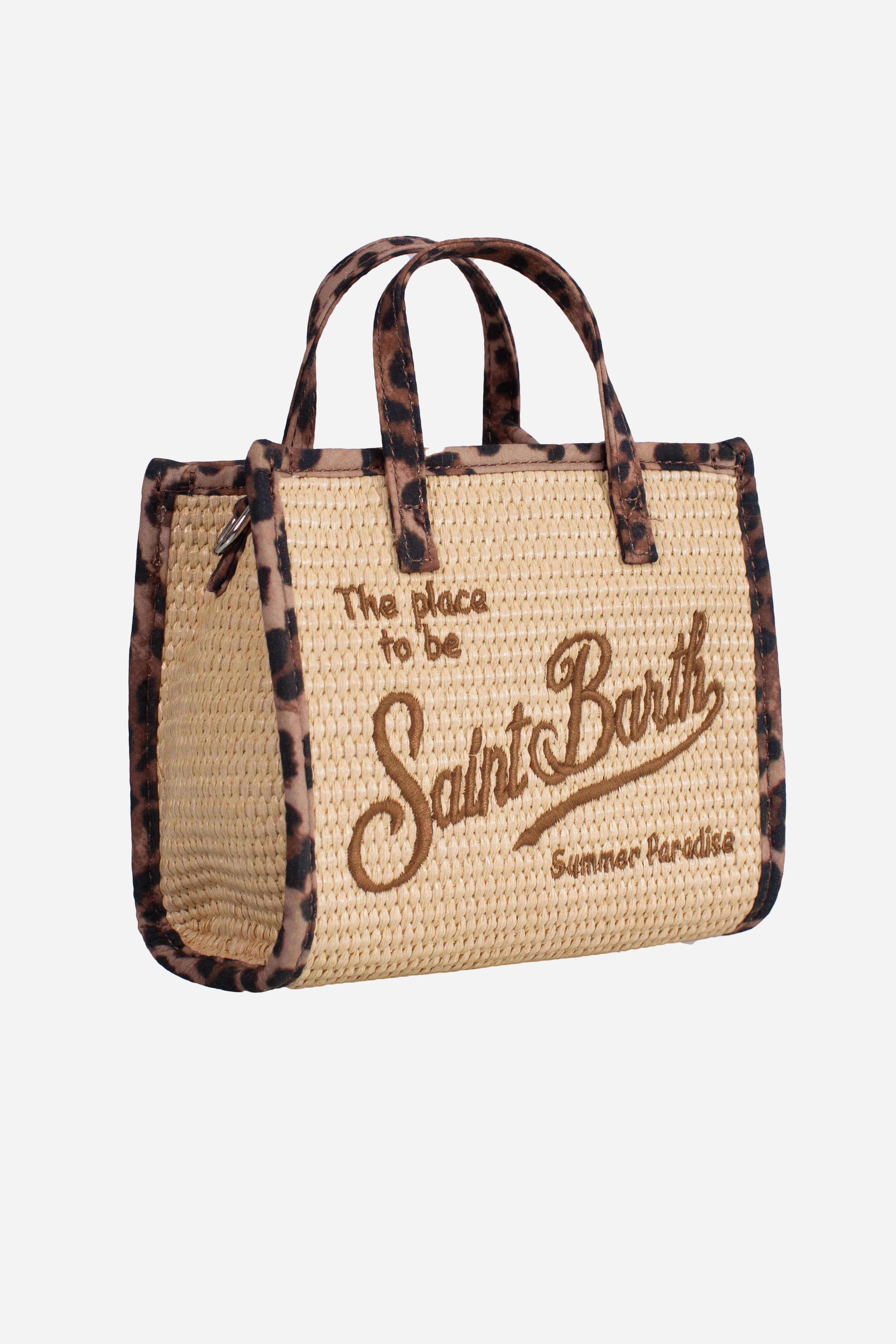 Borsa Vivian mini in tessuto effetto paglia con profili leopardati