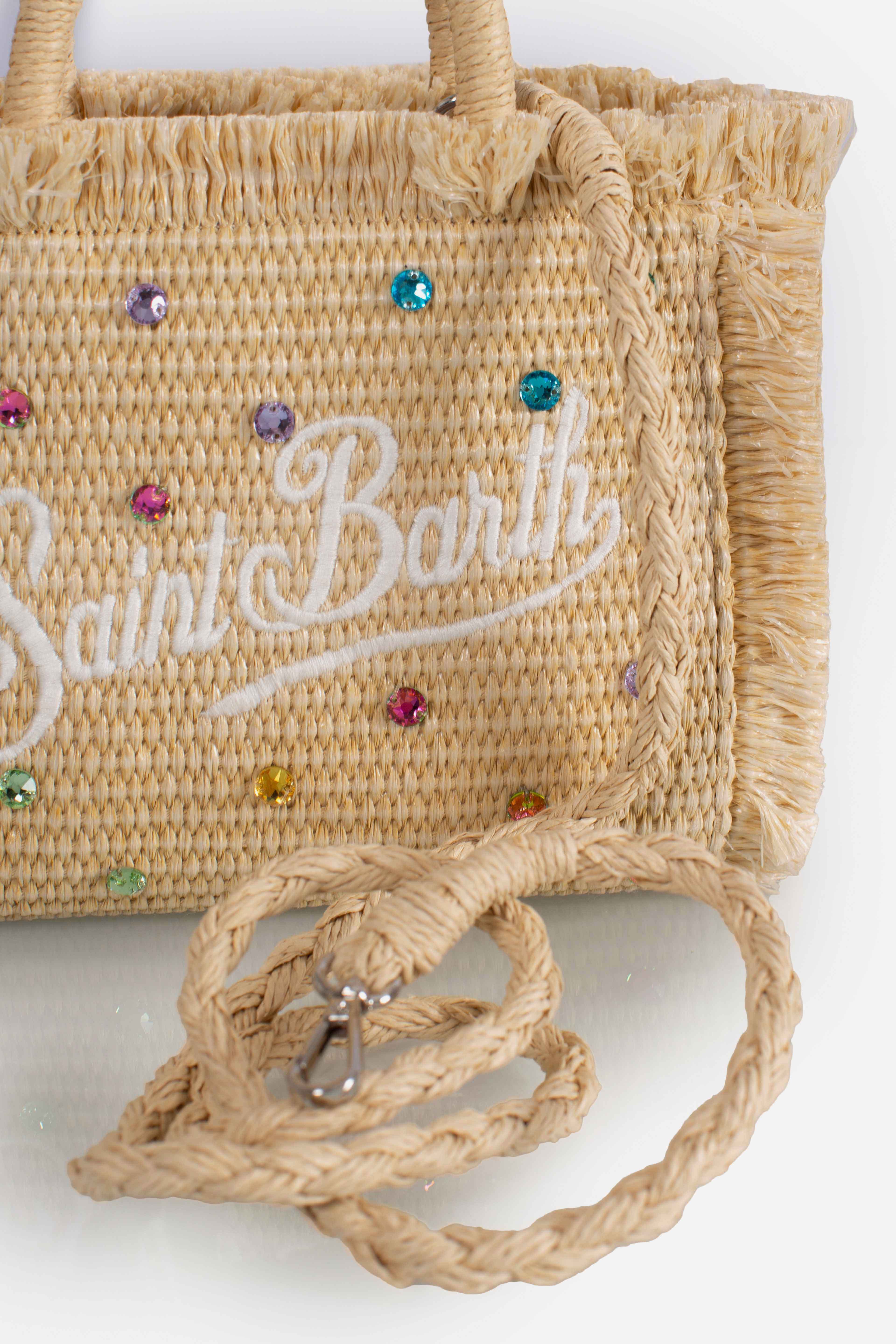 Borsa Mini Vanity effetto paglia con decorazioni in strass