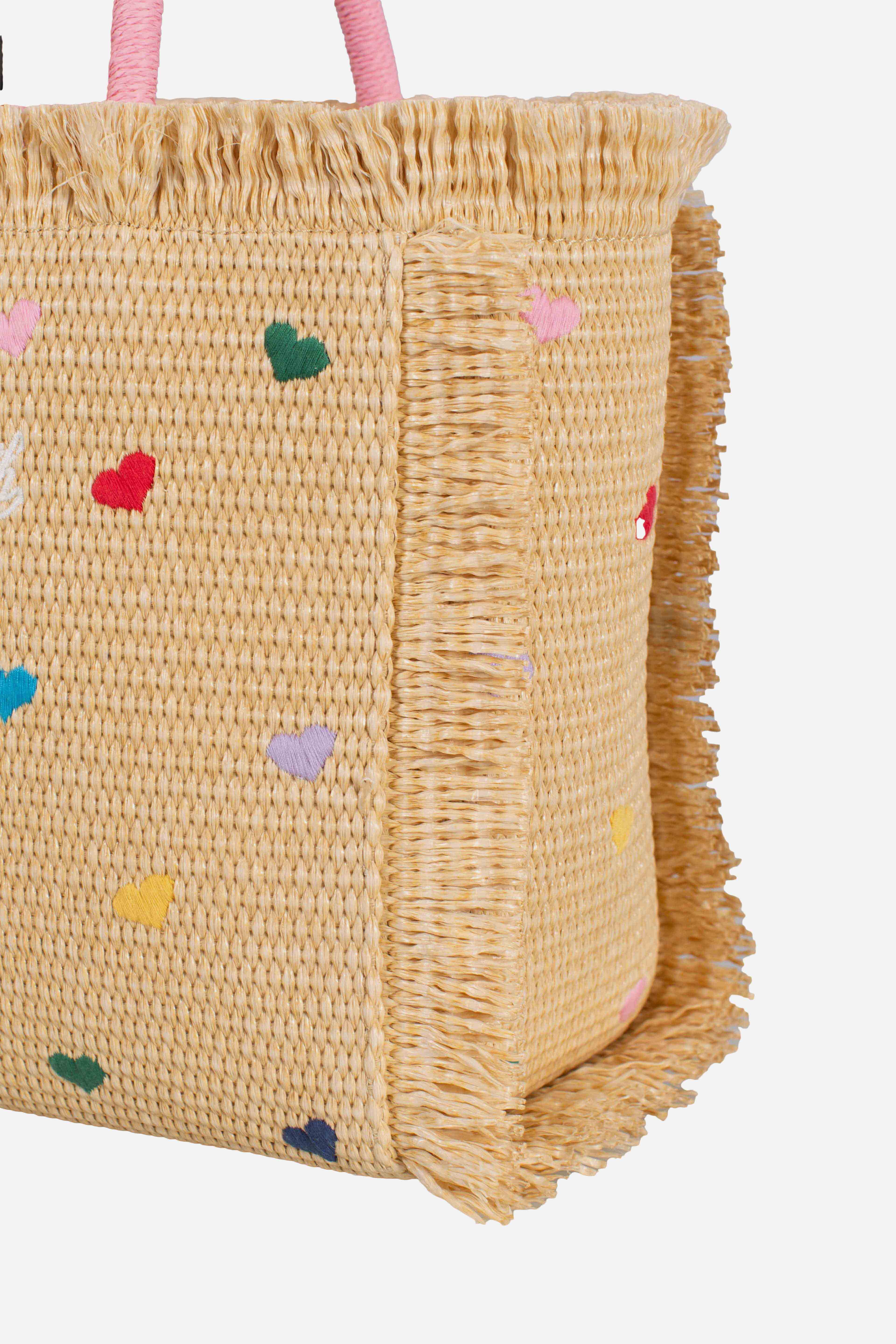 Borsa Colette in tessuto effetto paglia con ricami cuori