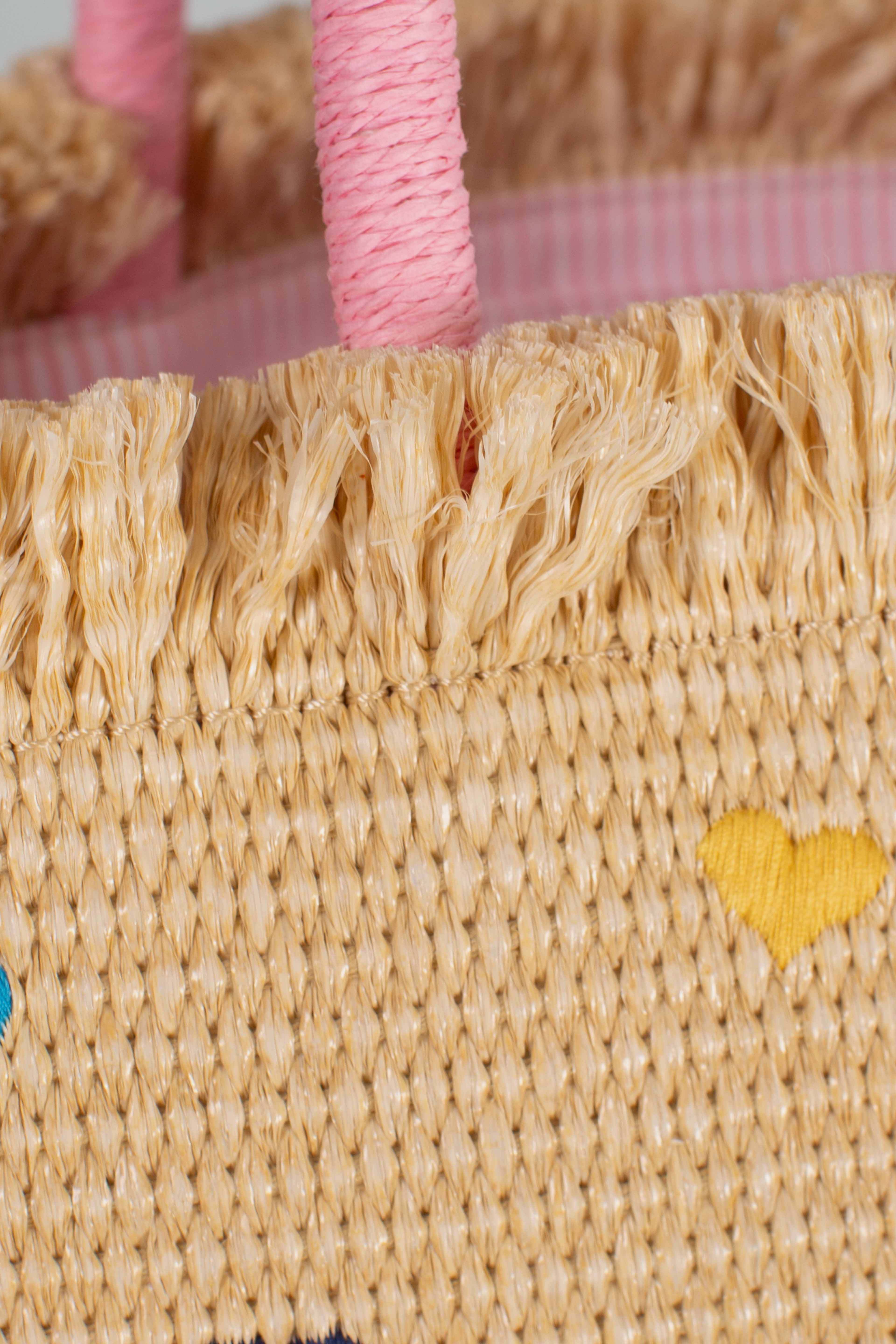 Borsa Colette in tessuto effetto paglia con ricami cuori