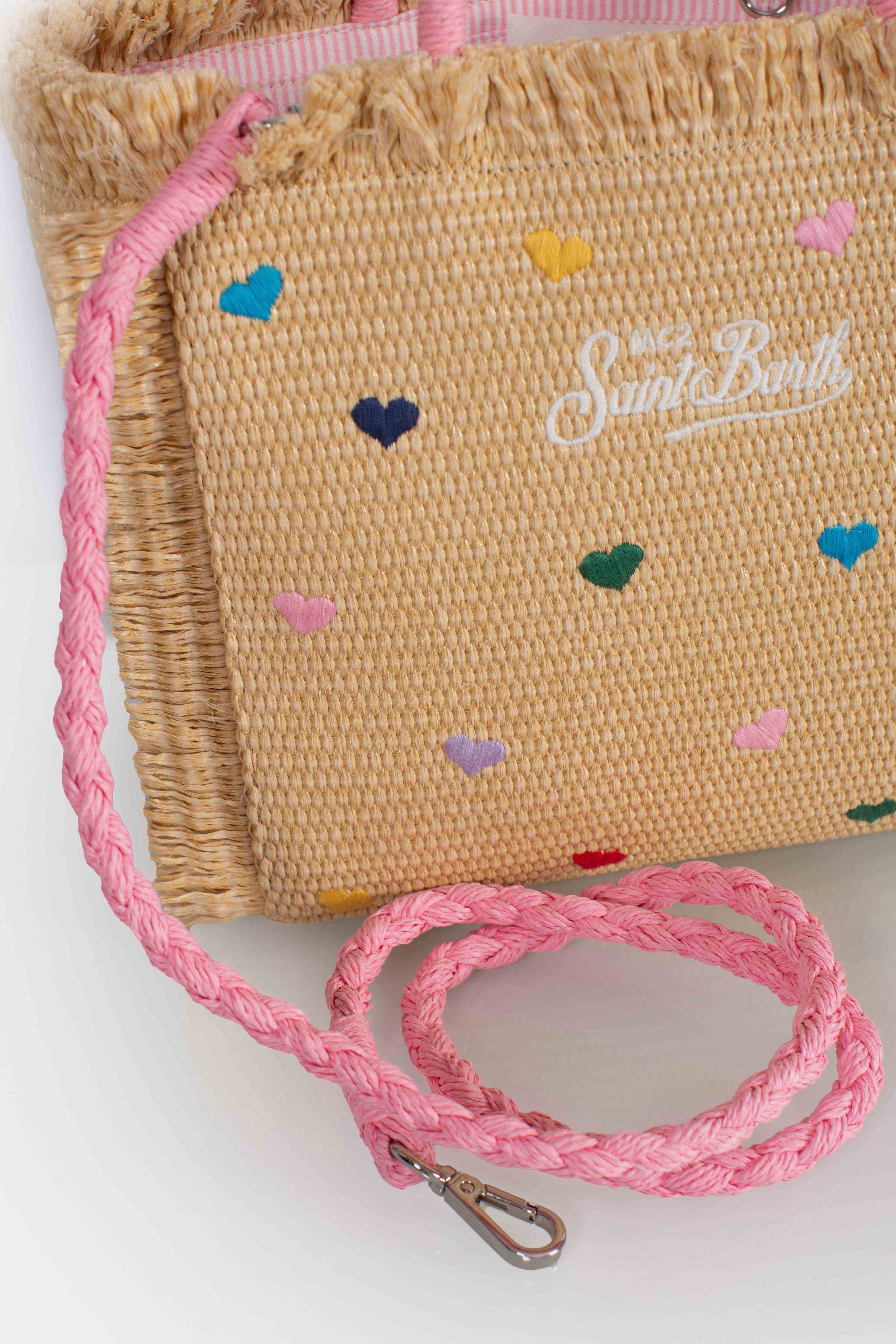 Borsa Colette in tessuto effetto paglia con ricami cuori