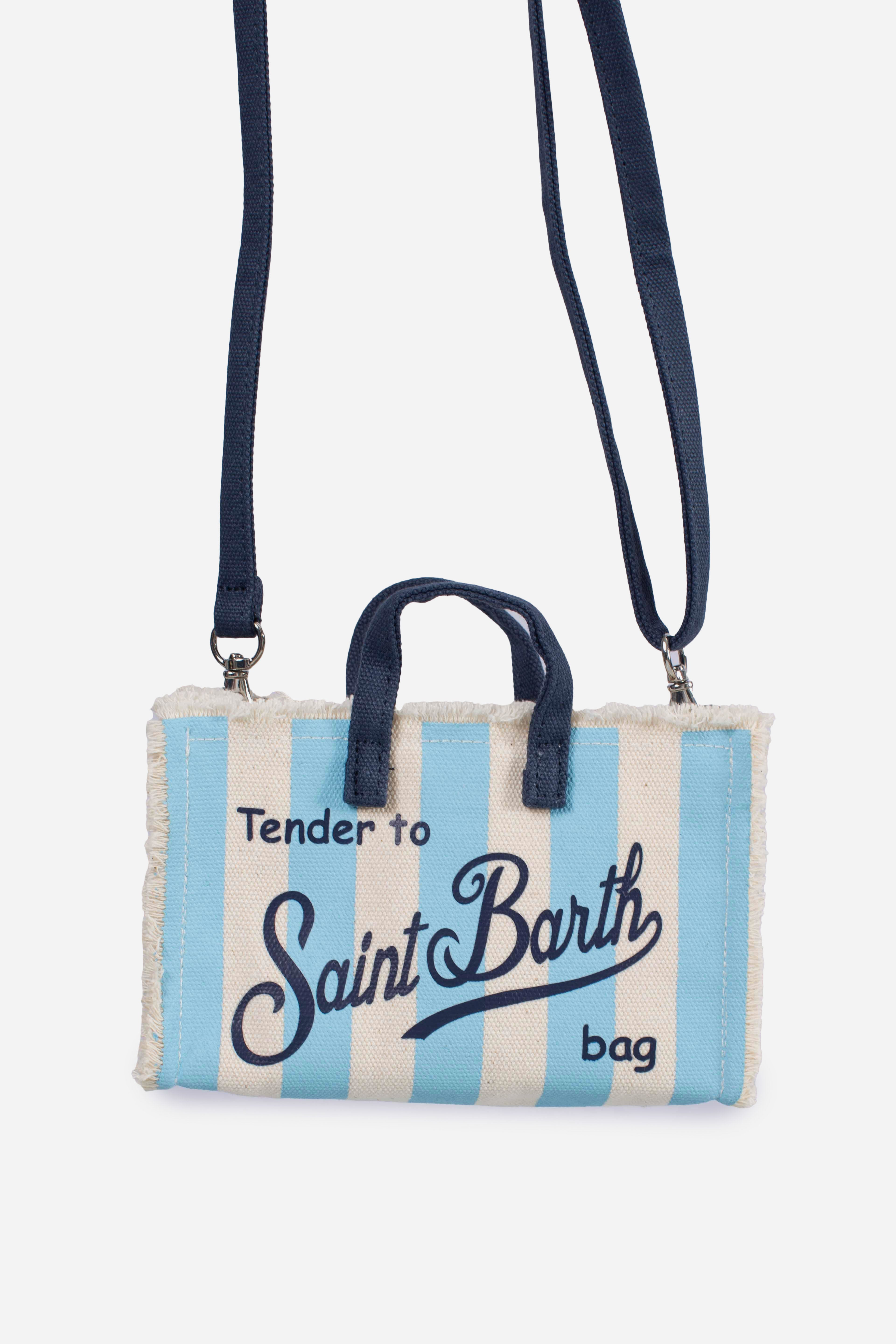 Phone Bag in canvas di cotone con stampa a righe azzurro