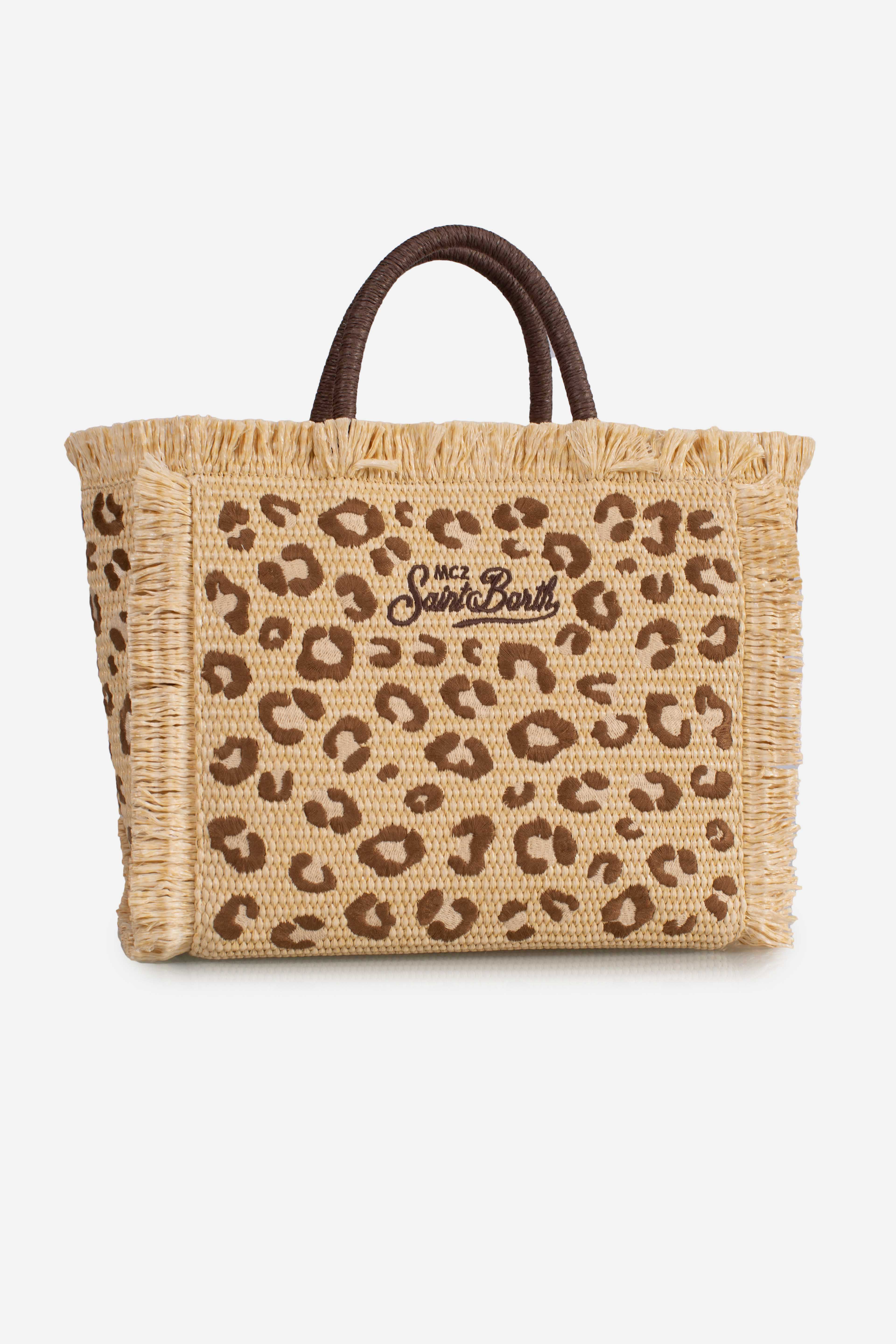 Borsa Colette in tessuto effetto paglia con ricamo leopardato